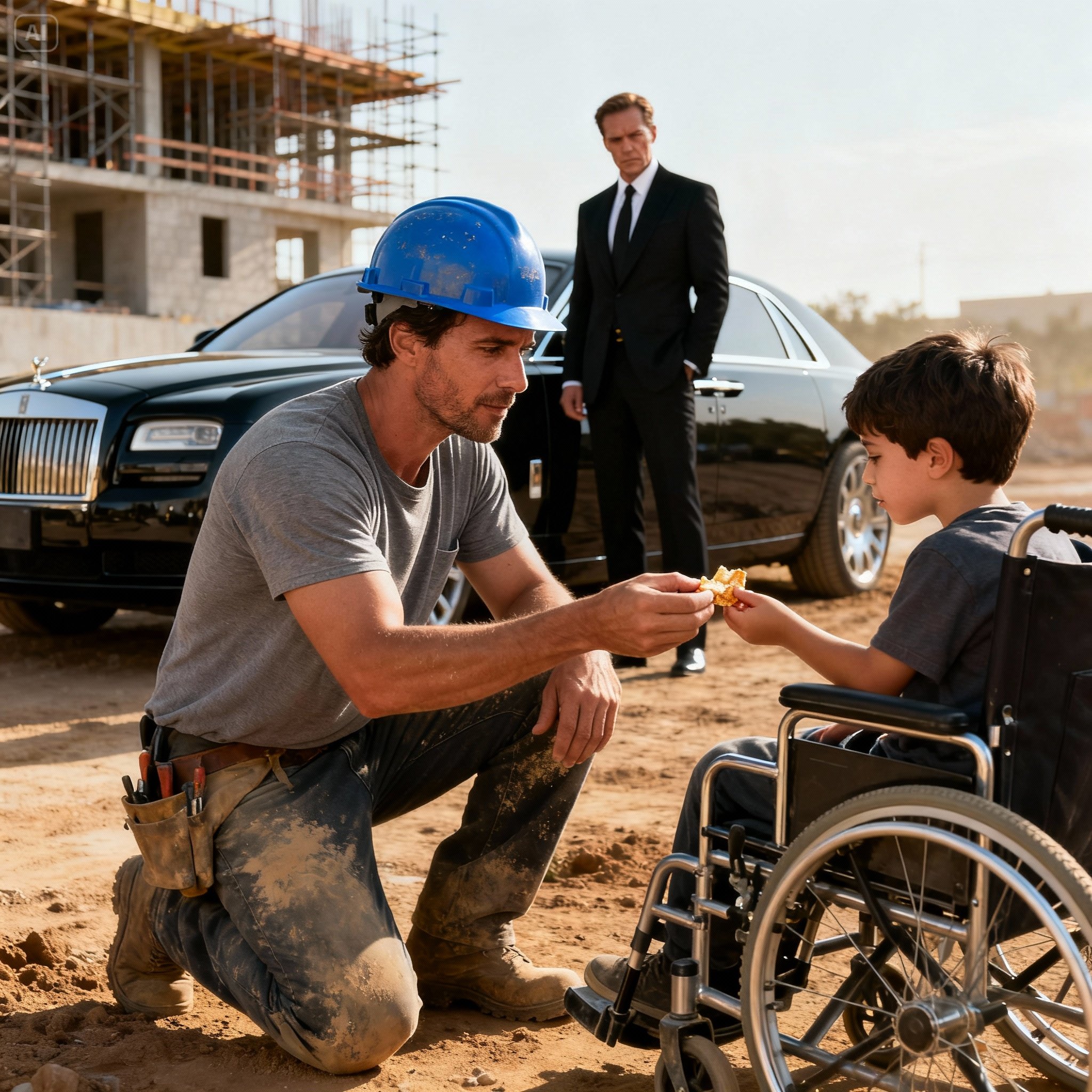 “CONSTRUCTION WORKER FEEDS DISABLED CHILD WITHOUT IMAGINING HE IS THE SON OF A MILLIONAIRE”