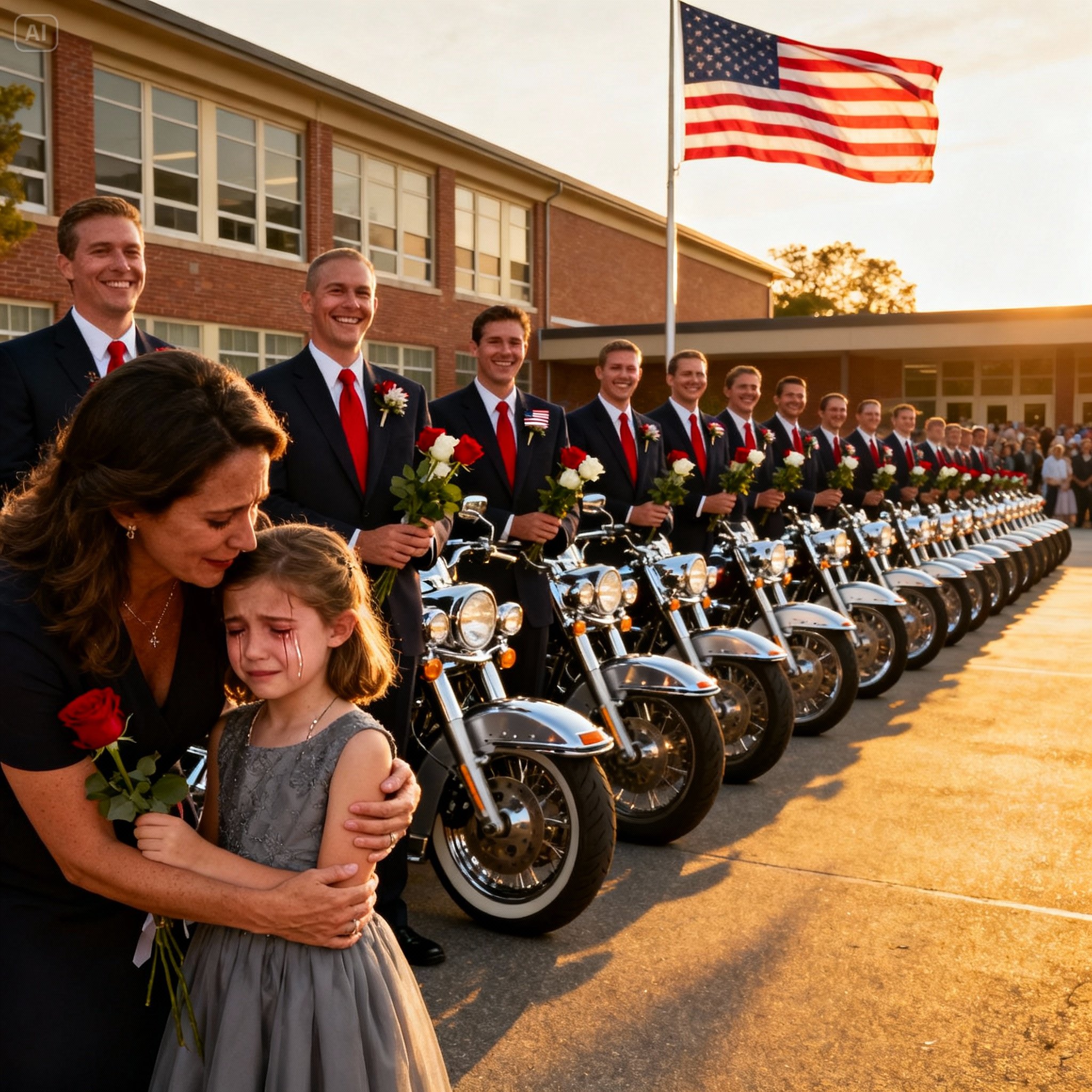 53 bikers showed up in suits when school said fatherless girls couldn’t attend the daddy-daughter dance, and what happened when the music started made every single person in that gymnasium cry.