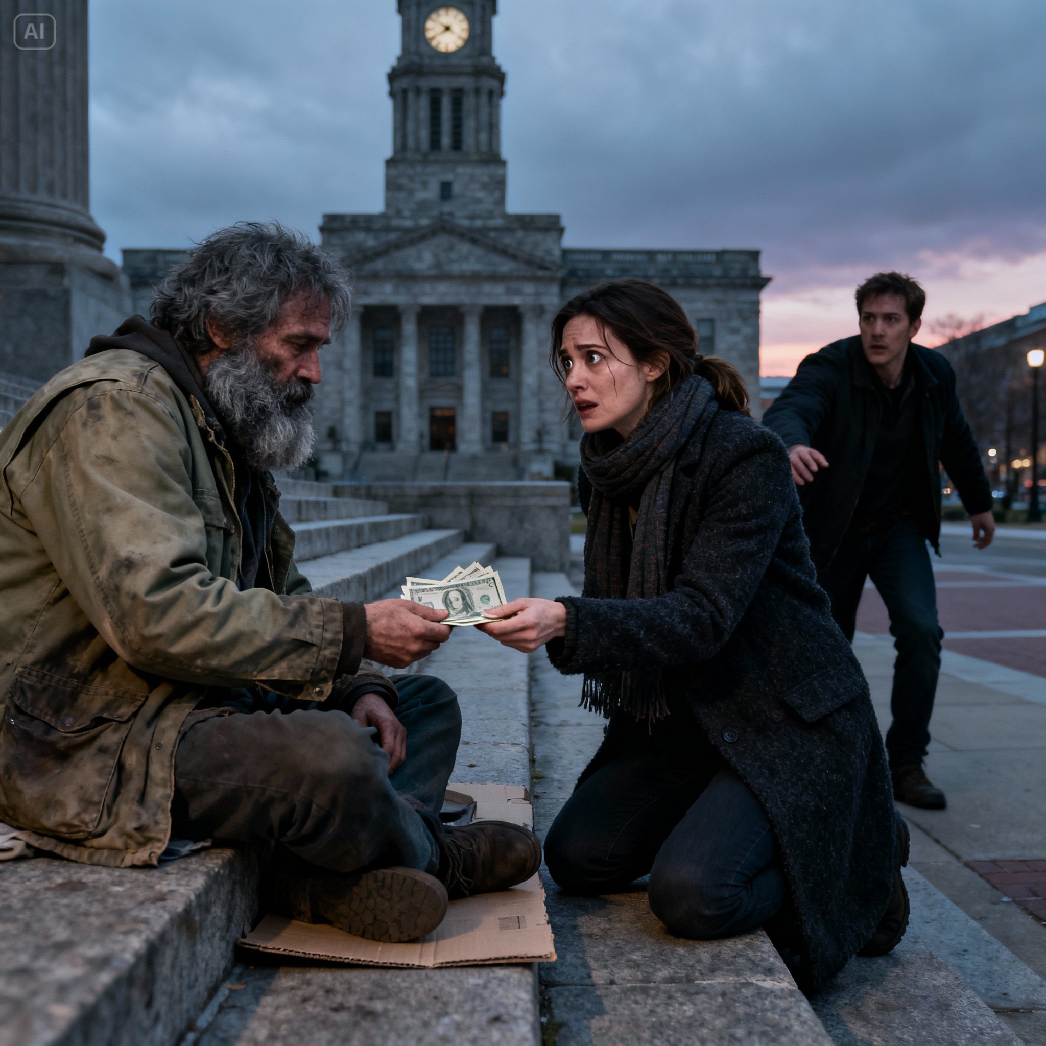 After my husband passed away, I found a new job, and every day I left a little money for an elderly homeless man who sat in front of the library. One day, when I leaned down as usual, he suddenly grabbed my hand and said: “You have been far too kind to me. Do not go home tonight. Stay in a hotel. Tomorrow, I will show you this.”