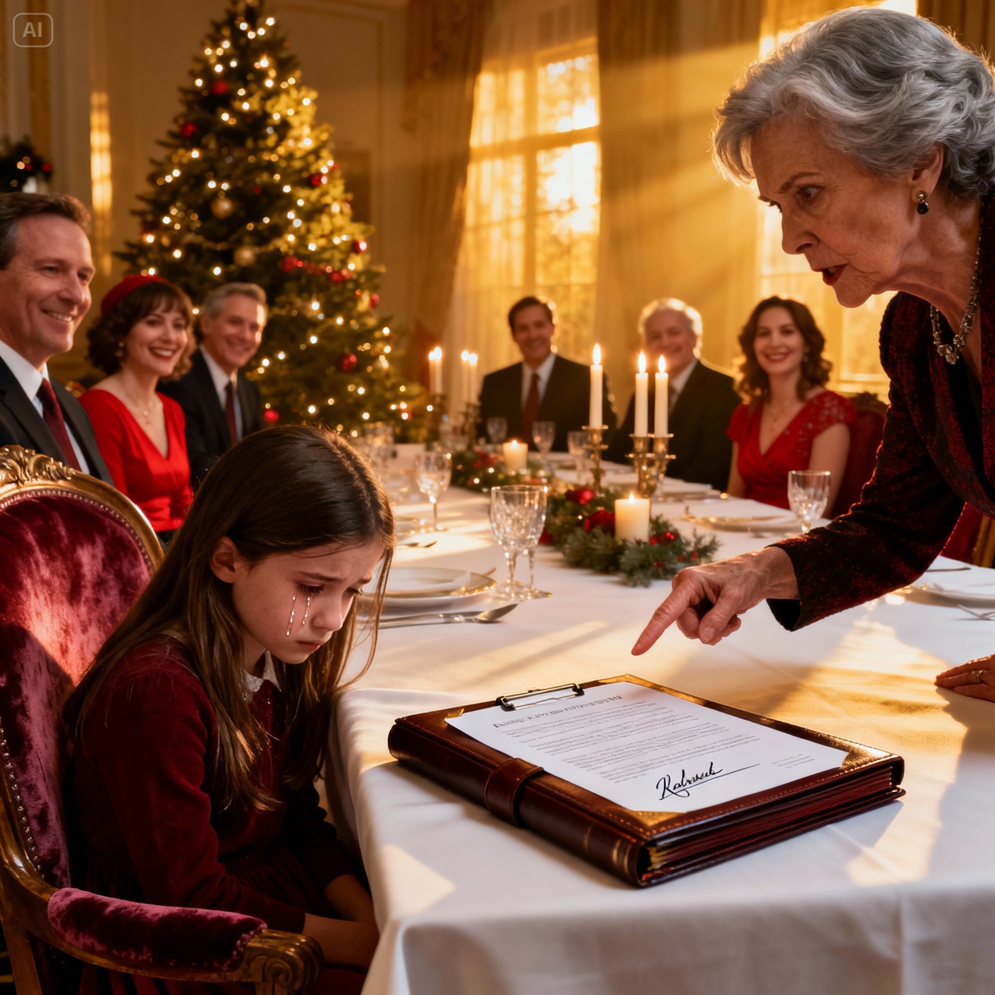 “In the middle of Christmas dinner, my mother-in-law raised her glass and smiled: ‘I’m proud of all my grandchildren… except for one.’ Then she pointed at my nine-year-old daughter. Some laughed, as if it were a joke. I saw my little girl struggling not to cry. My husband didn’t laugh. In silence, he placed a thick folder on the table. As they began to flip through it, the laughter died, the glasses went still, and the air grew heavy. No one was prepared for what those pages revealed.”