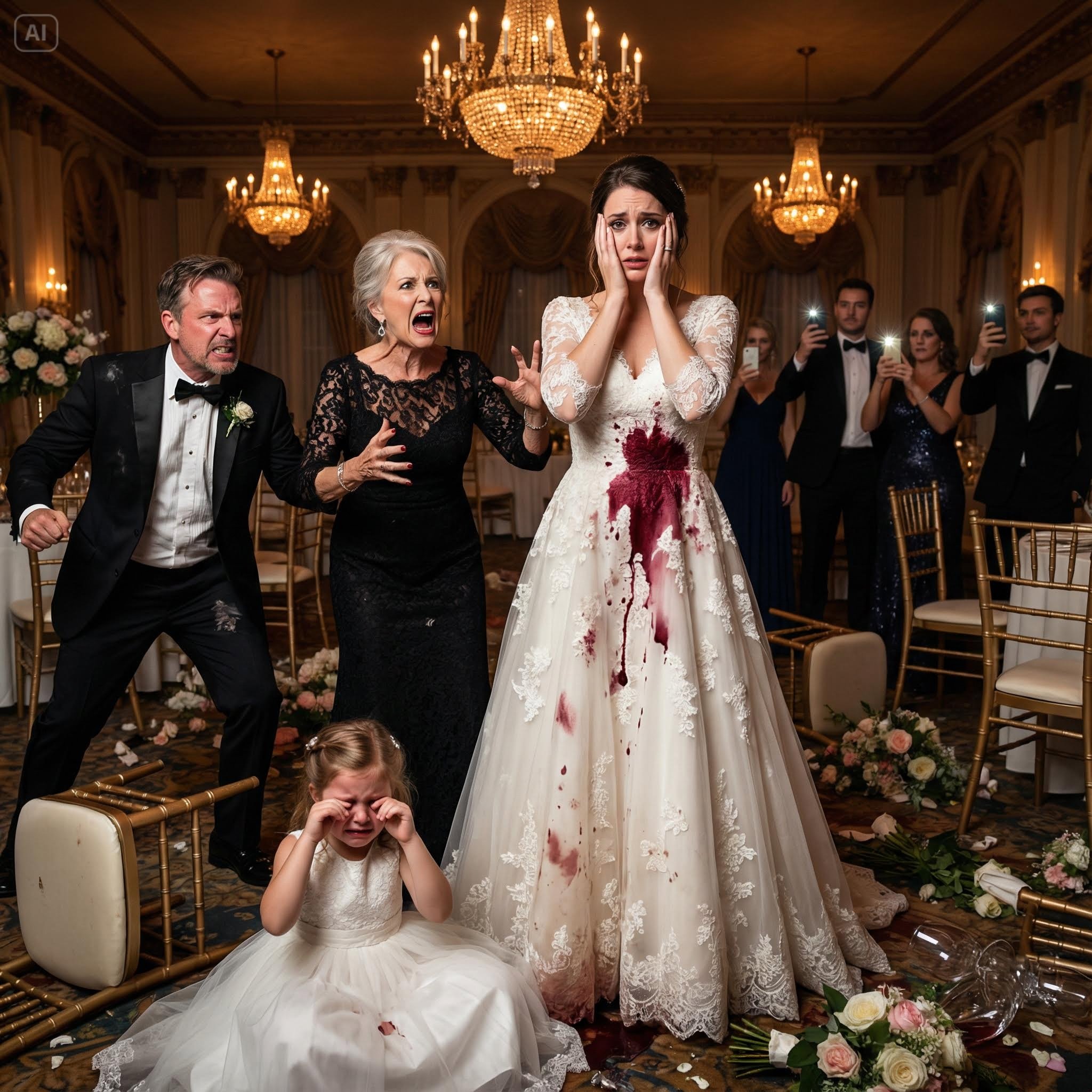 At my sister’s wedding, the music stopped suddenly when my mother slapped my little girl. “Why did you spill wine on the wedding dress?!” she screamed, her voice echoing through the entire hall. My sister’s groom lunged toward us, anger burning in his eyes. “You’ll pay for what you’ve done!” My daughter was trembling, tears streaming down her cheeks. “I didn’t do it! Please, believe me!” she cried. But nobody did. The guests whispered, camera flashes went off, and my family looked at me with disgust. Then, a waiter spoke up nervously: “Ma’am… we can check the security footage.” In that moment, the smug look on my mother’s face vanished, and the groom’s face turned pale.