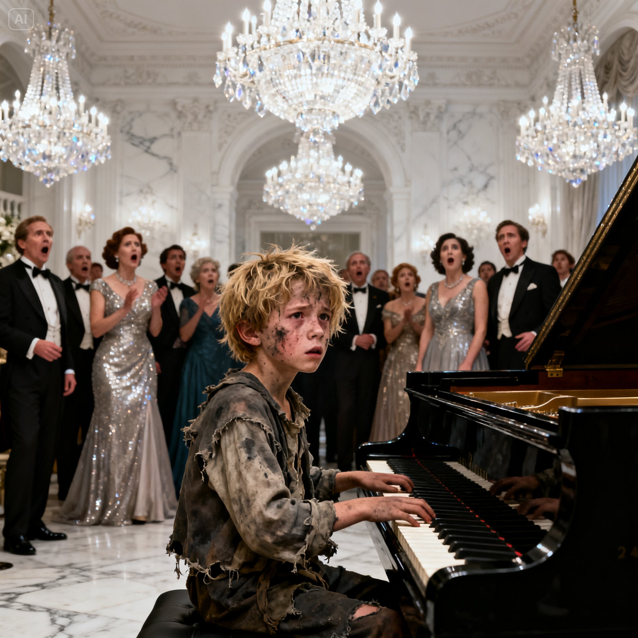 A very thin, homeless girl was being escorted toward the exit of a luxurious charity gala by two security guards. She glanced at the piano and shouted, “Can I play the piano in exchange for a plate of food?”