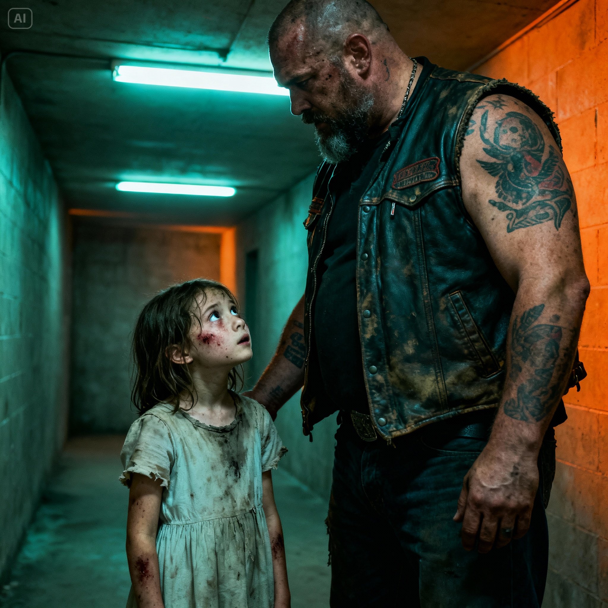 “At midnight, a six-year-old girl covered in bruises walked out of the bathroom and whispered to the most terrifying biker in the place: ‘You look scarier than he does… maybe you can actually stop him.’ Who was she running from?”