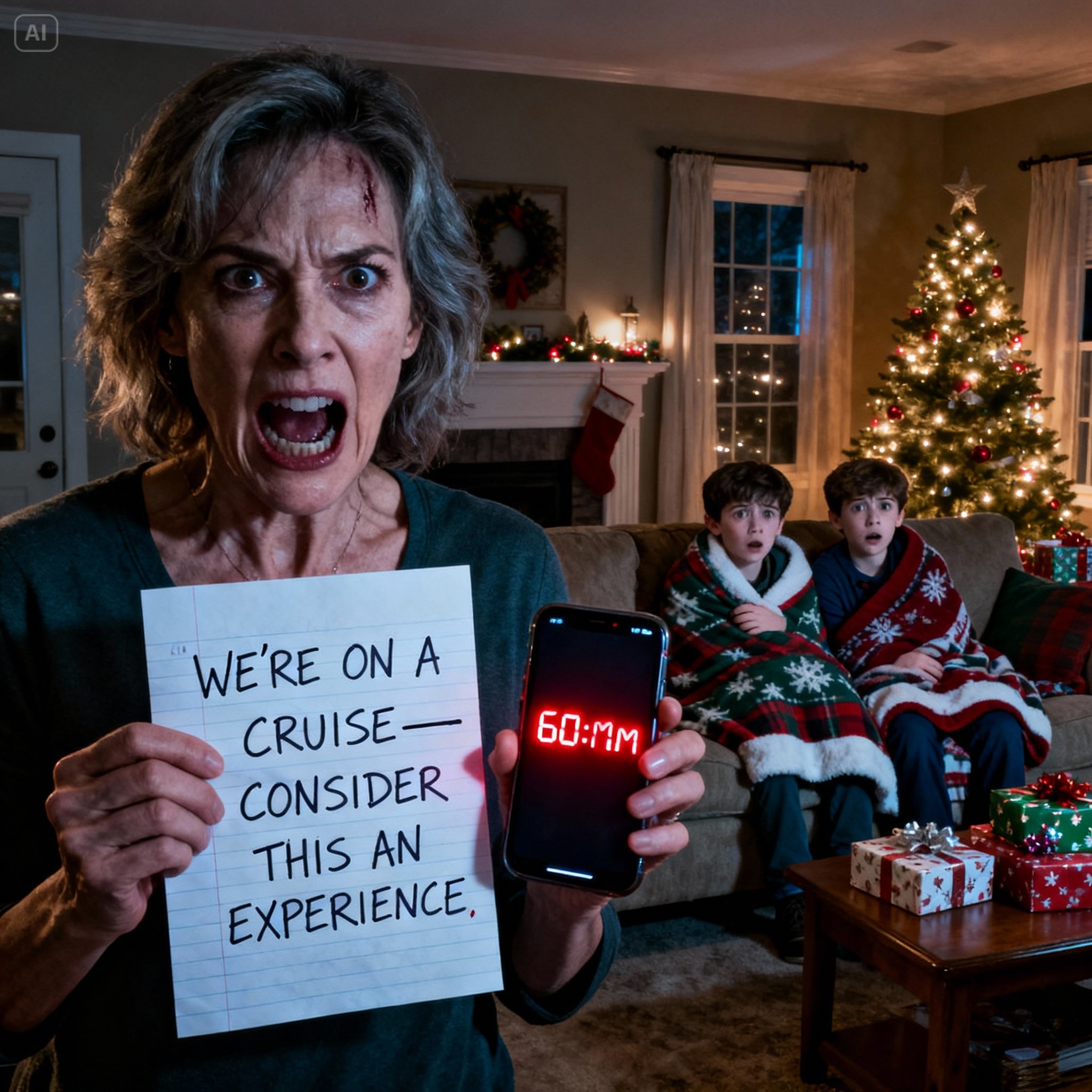 I froze, staring at the note: “We’re on a cruise—consider this an experience.” My nephews were shaking on Christmas night. I set a 60-minute timer and called her: “Come back now, or I’m calling the cops!” Silence. What they didn’t know… I had a “gift” ready—one that would end every smear, forever.
