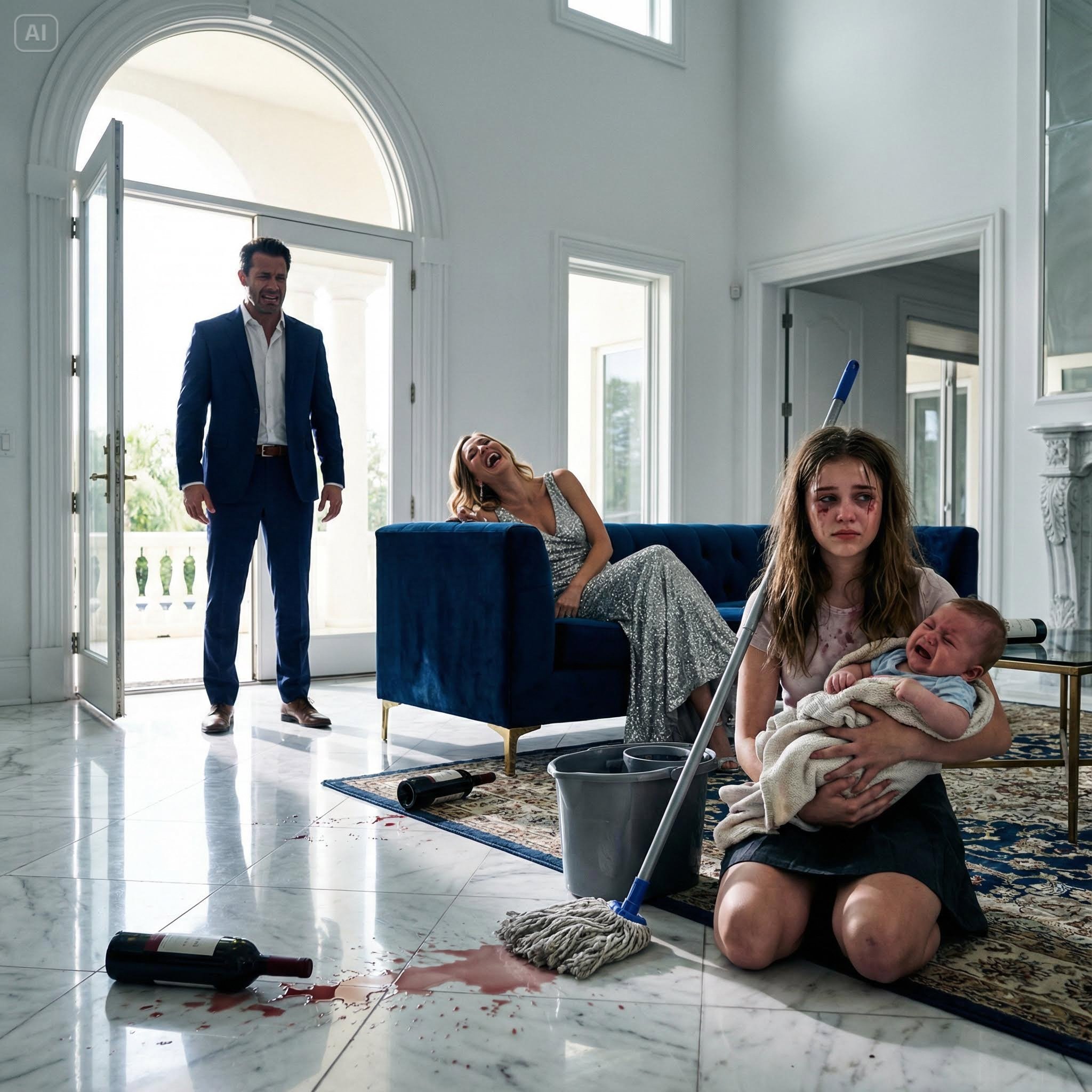 The stepmother laughed drunkenly while forcing her stepdaughter to scrub the floors and mind the baby until she was completely exhausted—until the millionaire father arrived home, saw everything, and roared: “Get out of my house right now!”