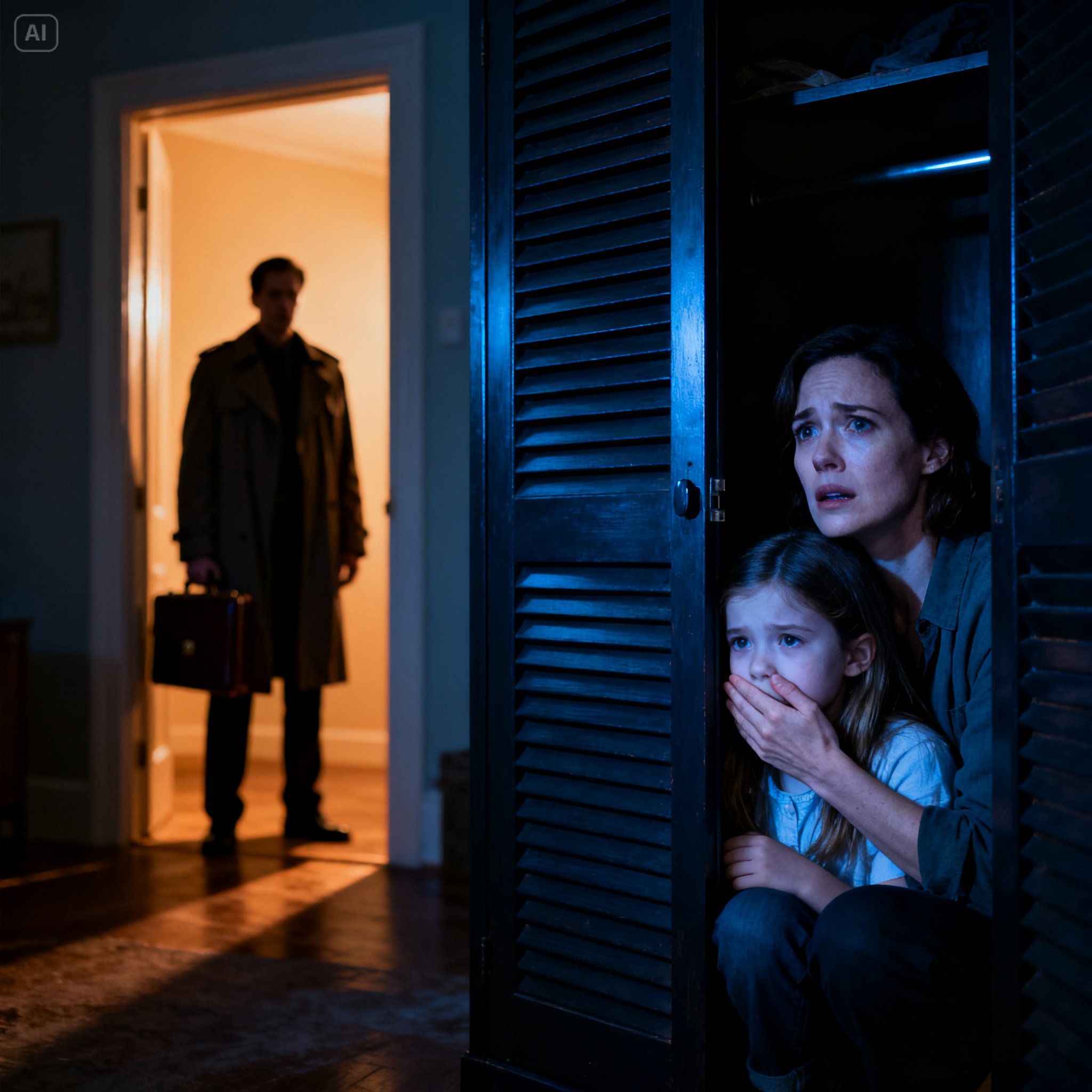 My Husband Came Home Early From His Business Trip. The Door Knocked, and I Heard, “I’m Home!” But My 6-Year-Old Daughter Grabbed My Shirt and Whispered, “Mommy… That’s NOT Daddy’s Voice. Let’s Hide.”