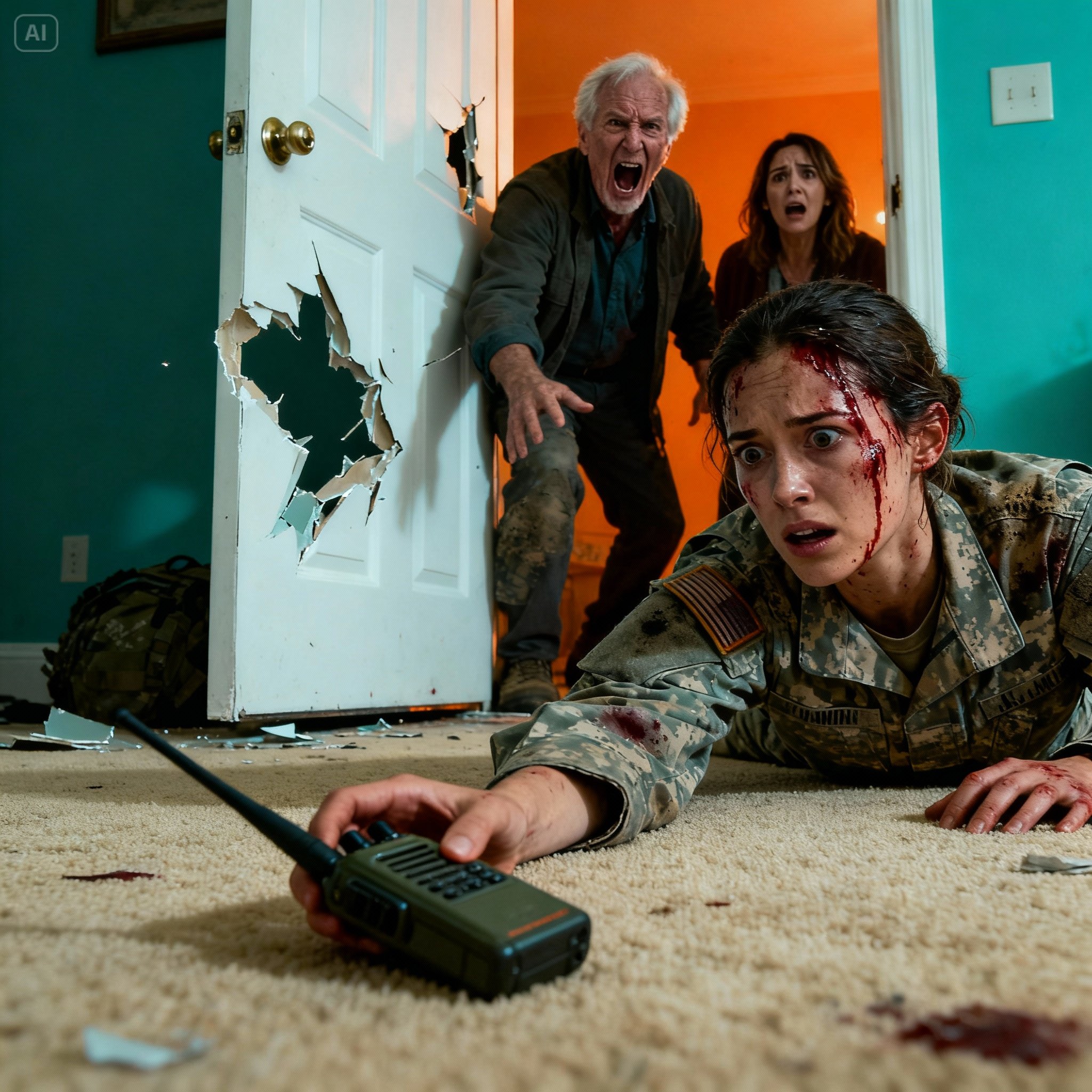 At midnight, my barracks door burst open. My stepfather barged in, snarling: “Do you think wearing a uniform makes you untouchable?” A single blow dislocated my shoulder, blood blurring my vision, while my mother stood paralyzed in silence. With my last bit of strength, I whispered into the radio: “Help me…” I collapsed, and that was the moment everything changed, in a way no one saw coming.