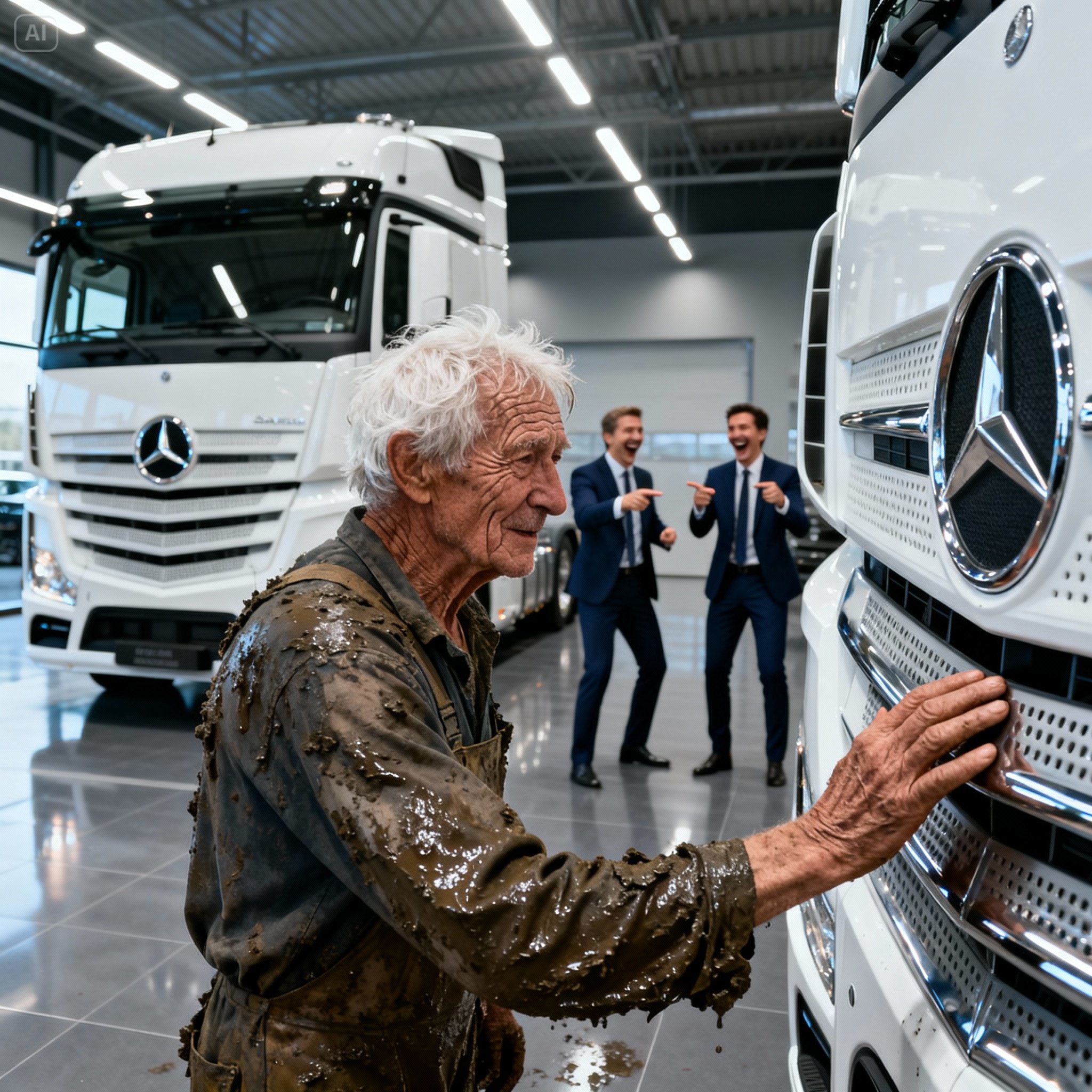 “I’LL TAKE FIVE MERCEDES TRUCKS,” SAID THE RAGGED MAN. EVERYONE LAUGHED AND MOCKED HIM… UNTIL THEY REALIZED THEIR MISTAKE, BUT BY THEN IT WAS TOO LATE.