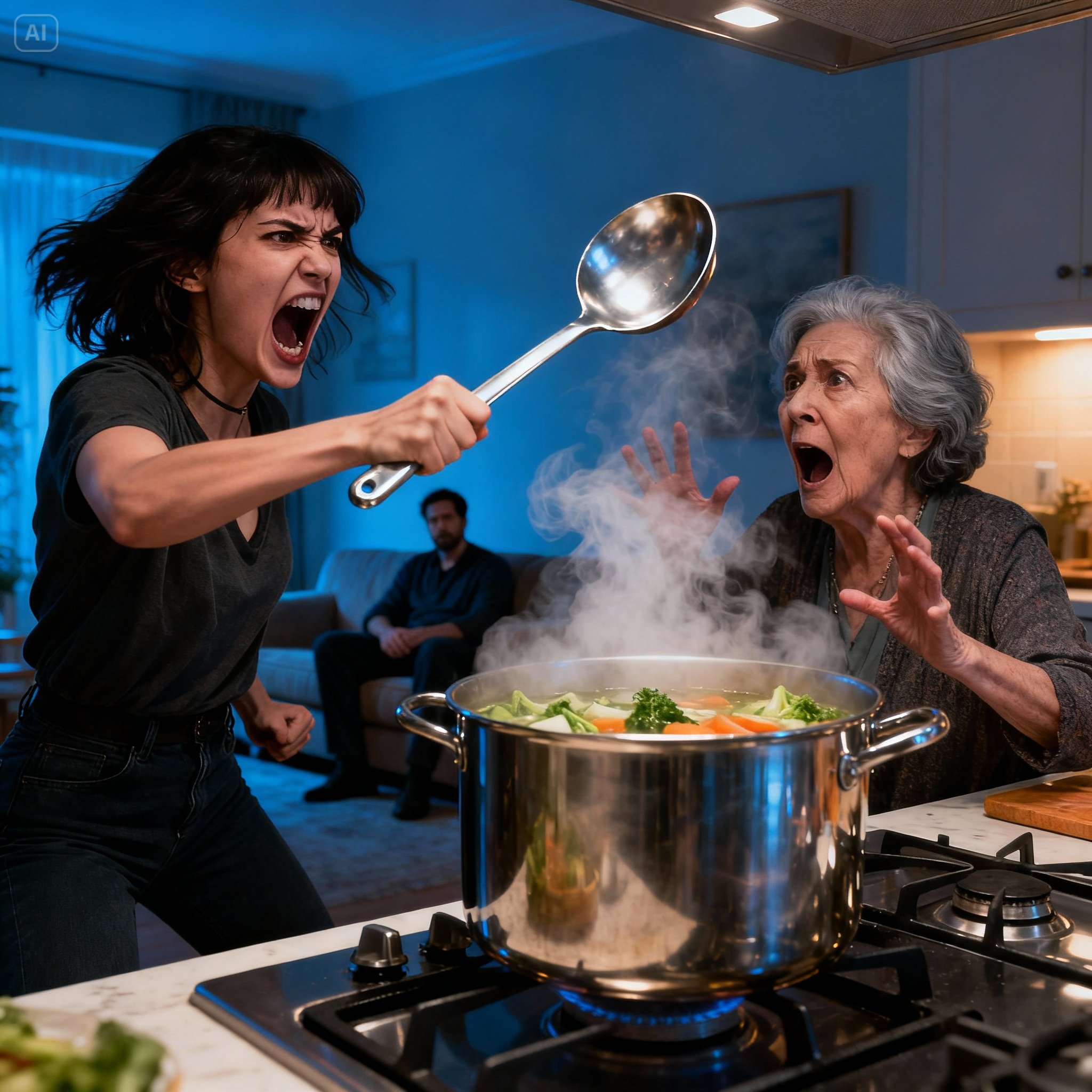 I was stirring the soup when my daughter-in-law slammed the ladle against my head. “Who cooks like this, you useless woman?” she screamed. My son just turned up the TV volume, pretending not to hear. Five minutes later, a crash shook the kitchen. He came running — and froze when he saw what I had done.