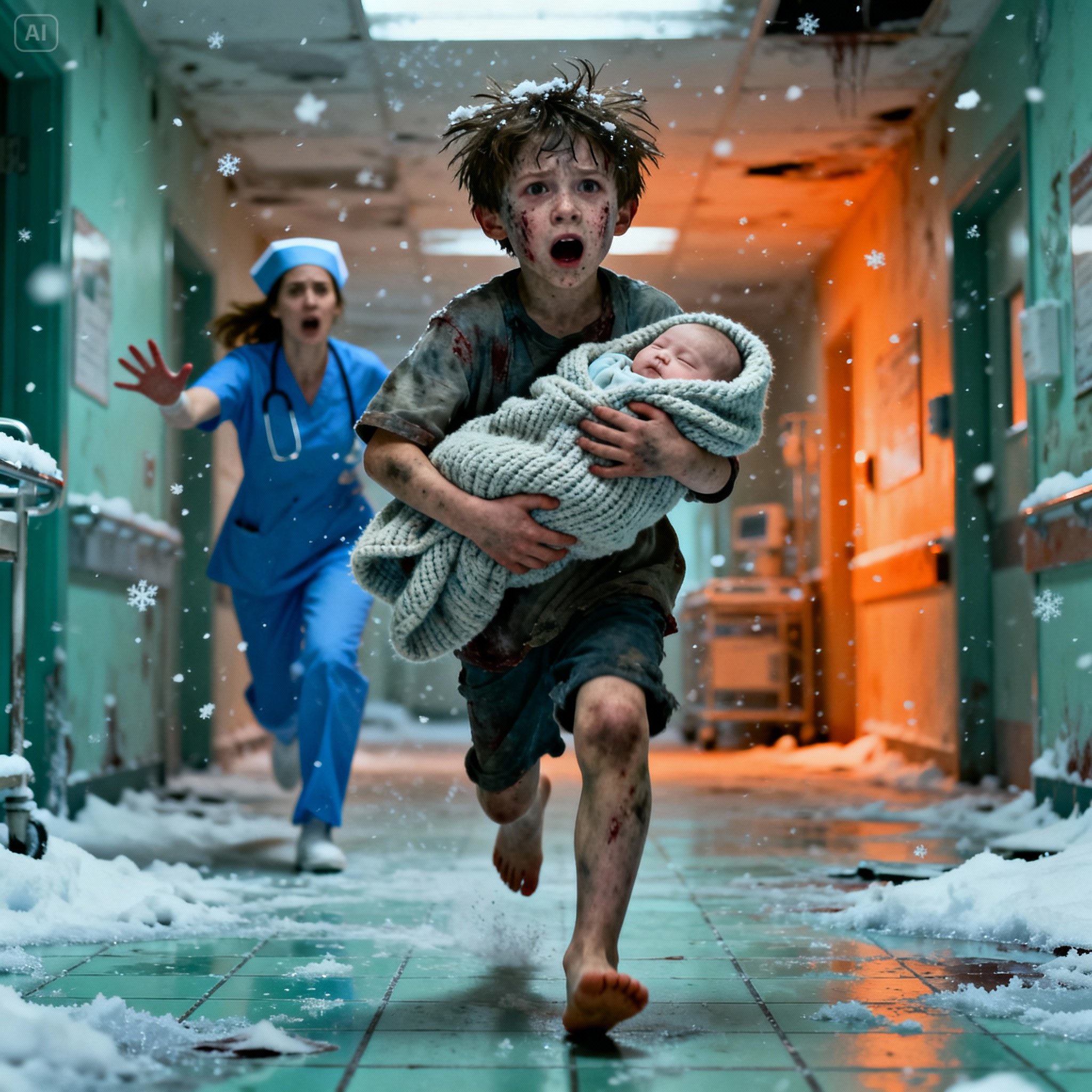 A barefoot boy walked into the ER clutching his baby sister. “She stopped crying,” he whispered to the nurse. She froze when she saw the bruises covering his ribs. “Hide us,” he begged. “He’s coming.” Police rushed to his home, but when they kicked down the door, they uncovered a truth so heartbreaking it made the police captain drop to his knees…