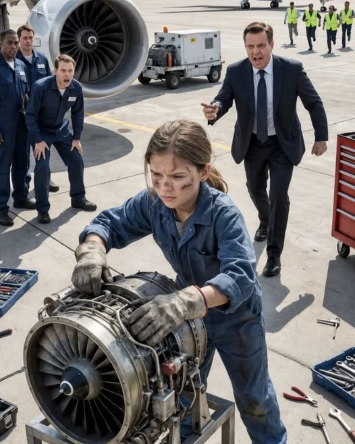 “IF YOU’LL PERMIT ME… I’LL FIX IT MYSELF.” THE ENGINEERS FAILED FOR 6 HOURS. A HOMELESS GIRL WALKED IN – AND THE MILLIONAIRE SAID: “LET HER DO IT.” WHAT SHE DID NEXT SHOCKED THE ENTIRE HANGAR.