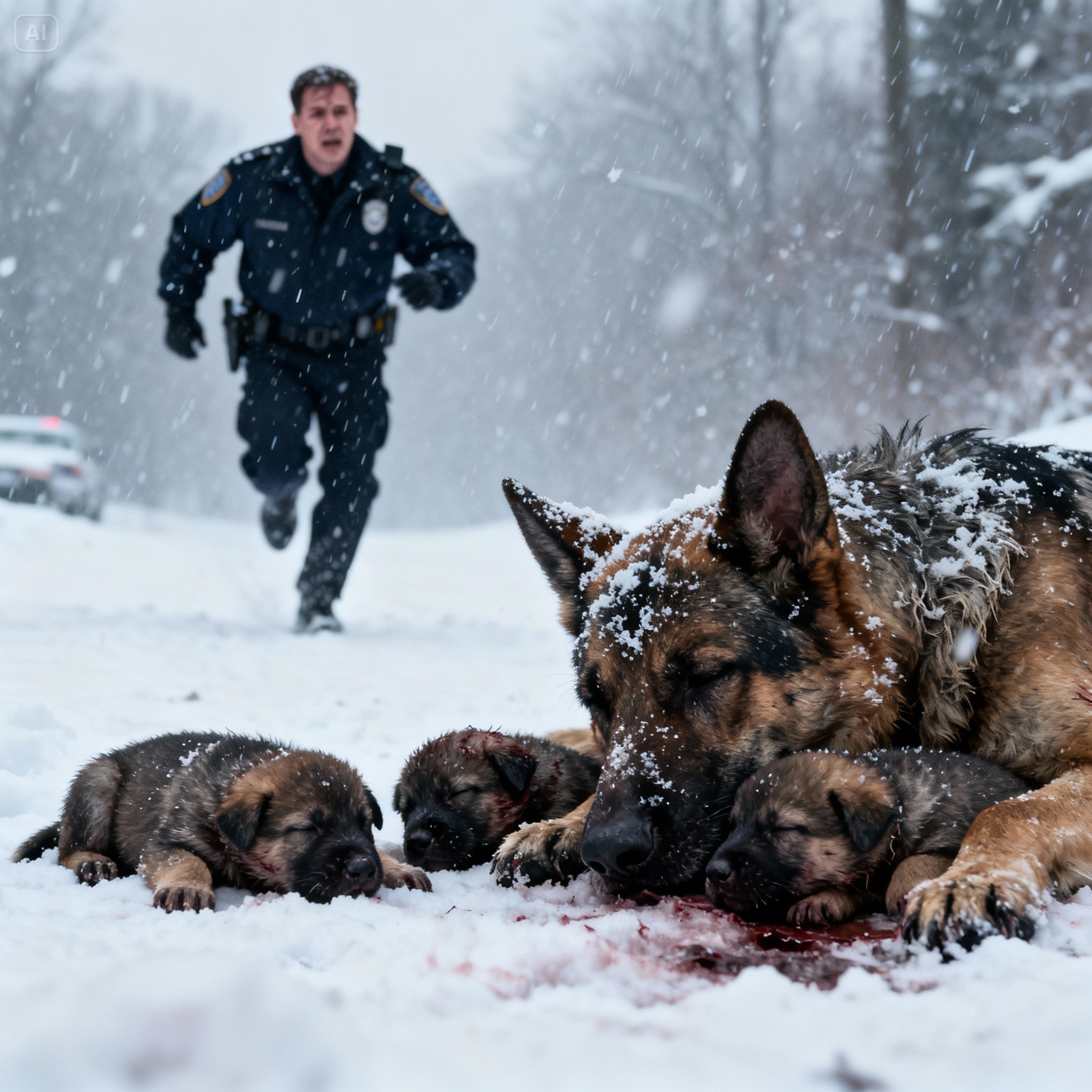 A police officer found a dog with her puppies tied up in the snow — But what he saw next made him cry!