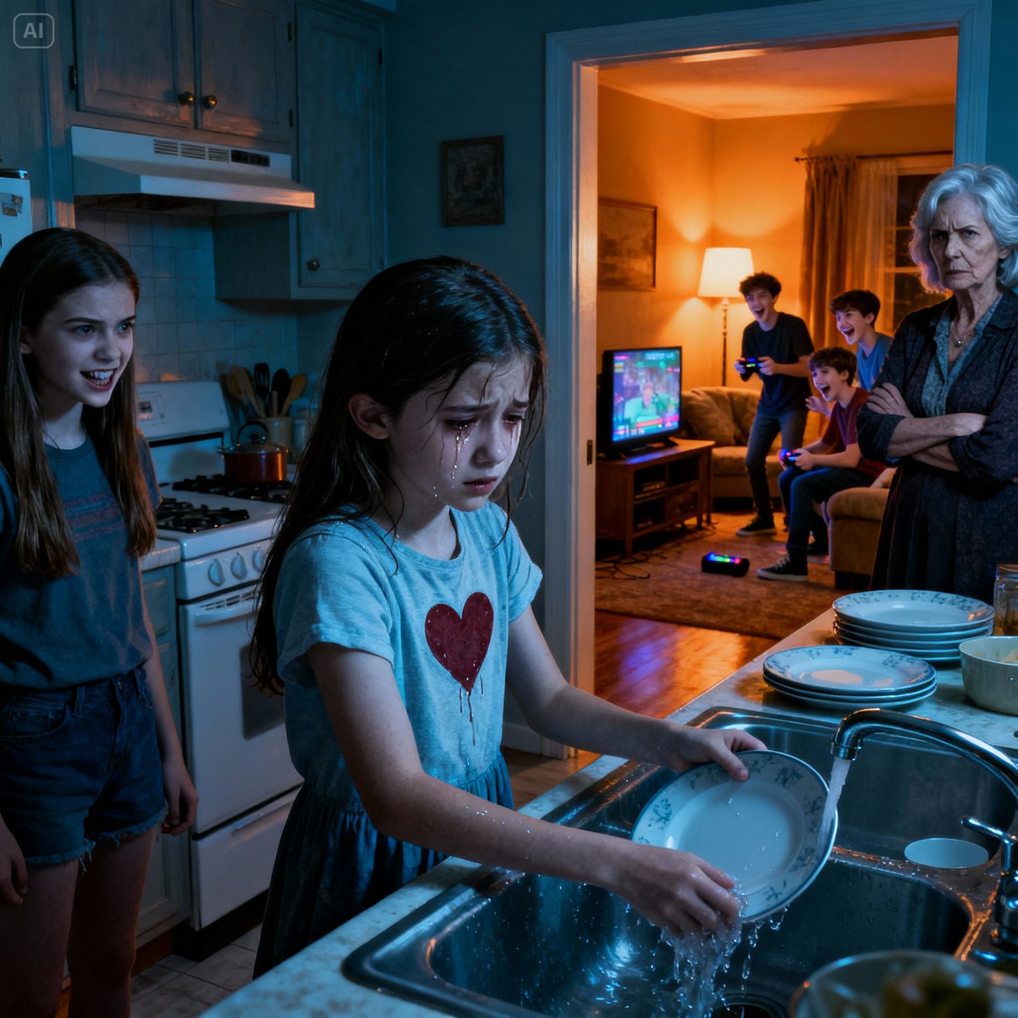 I arrived home still in my bridesmaid dress, only to find my 10-year-old daughter crying over a sink full of dirty dishes. My mother laughed: “She’s being a bad girl, so she’s working as a maid!” My sister sneered: “Maybe she’ll finally be useful.” At that moment, something inside me snapped. I took my daughter in my arms without saying a word… and they had no idea what that silence meant.