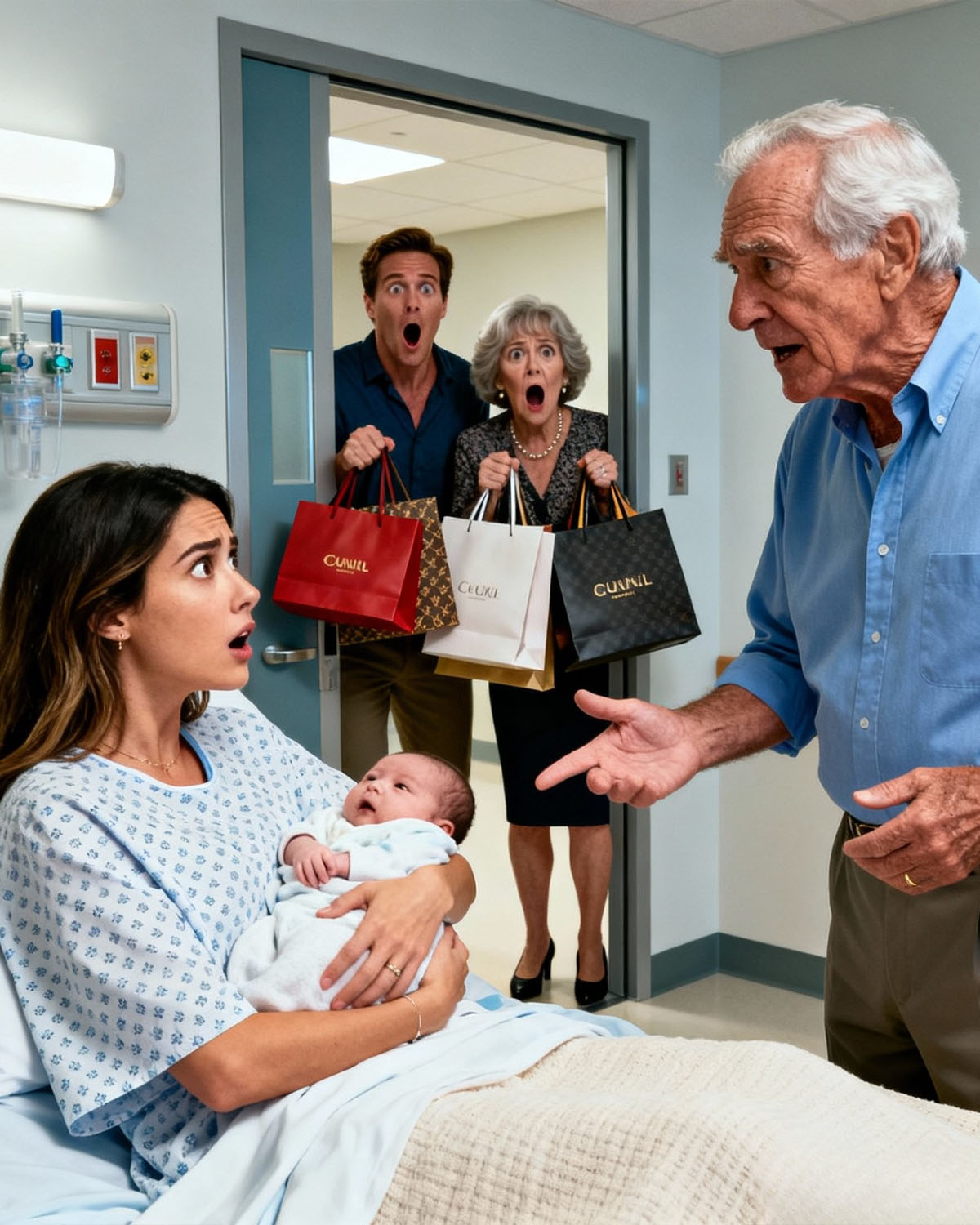 When my grandfather walked in after I gave birth, his first words were: “My dear, wasn’t the 250,000 I sent you every month enough?” My heart stopped. “Grandpa… what money?” I whispered. In that exact moment, my husband and mother-in-law burst in with their arms full of luxury bags… and they froze. The color drained from their faces. It was then that I realized something was terribly wrong…