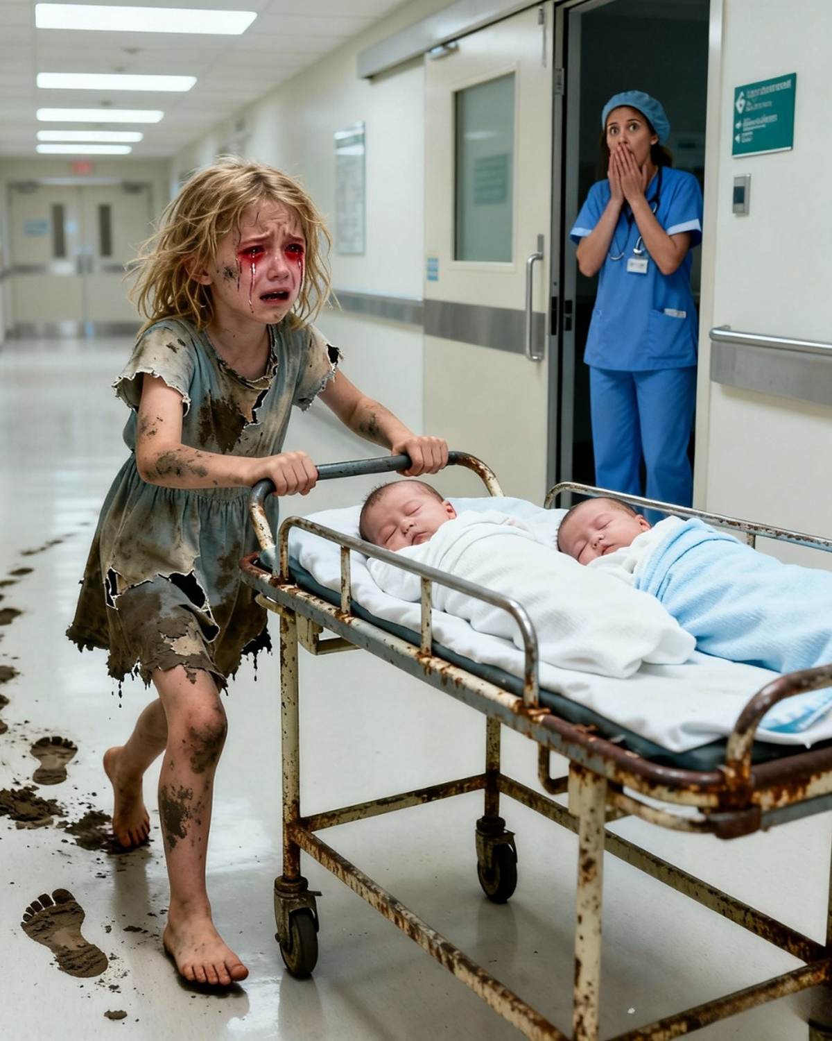 “My mommy has been sleeping for three days.” A 7-year-old girl pushed a wheelbarrow for miles to save her newborn twin brothers, and what happened next left the entire hospital speechless…