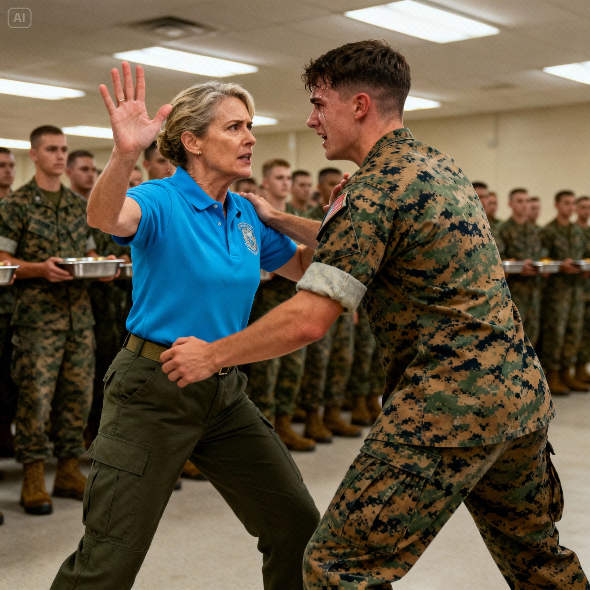 A Marine shoved her in the dining hall without knowing she held the highest rank in the entire base: “You don’t belong in this line, doll”…