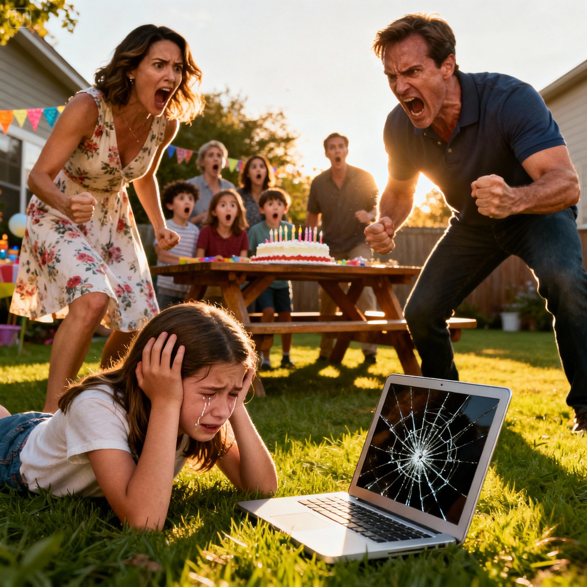 On my daughter’s twelfth birthday, everything exploded in a matter of seconds. My nephew snatched her gift and screamed: “The MacBook is mine now!”. When I demanded he return it, my father grabbed it and smashed it against the floor, roaring: “This is what selfish children deserve!”. My daughter burst into tears, paralyzed by shock. The guests froze. And in that instant, I realized that this party was about to end our family forever…