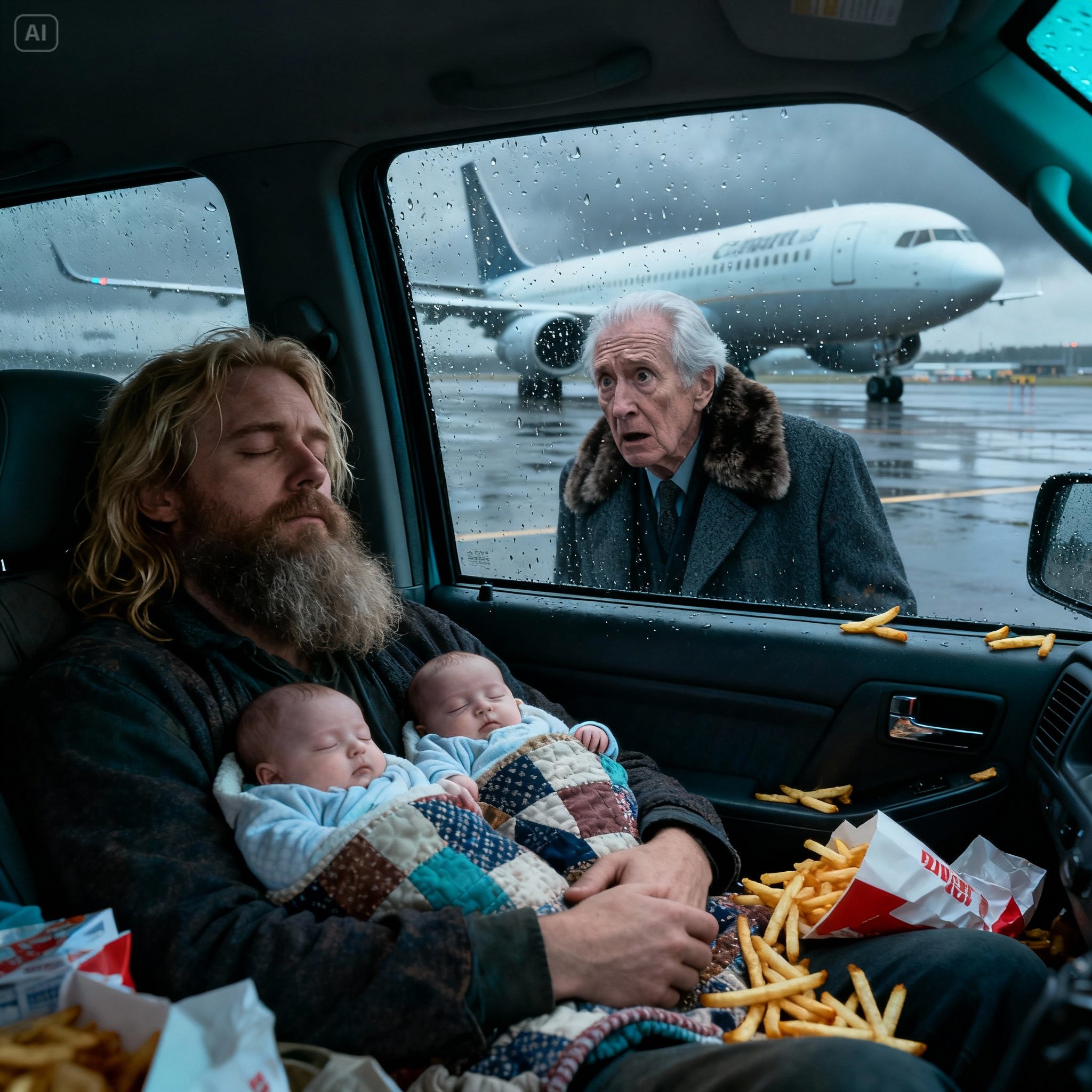 At the airport parking lot, I found my son sleeping in his car with his twins