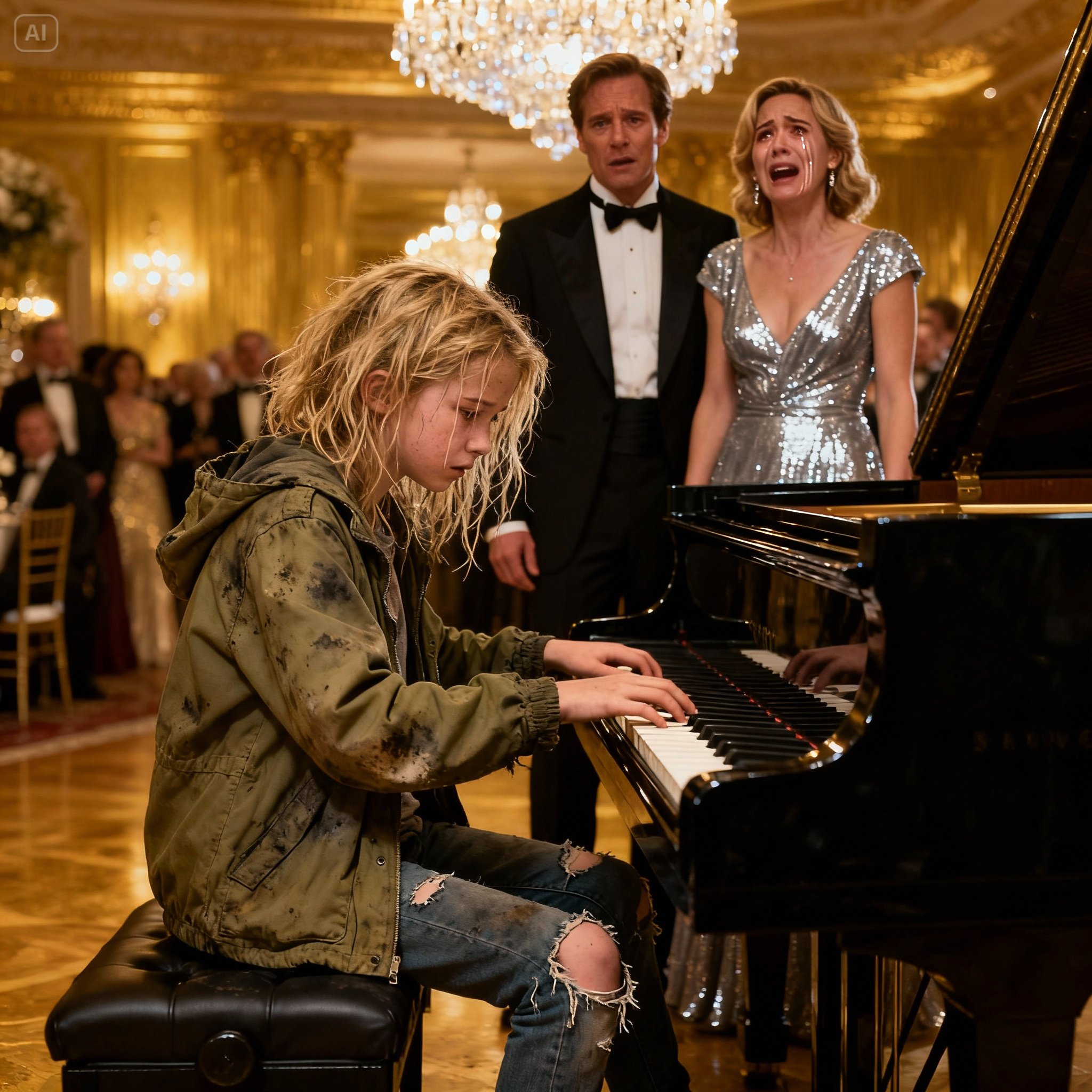 A very thin, homeless girl was being escorted toward the exit of a luxurious charity gala by two security guards. She glanced at the piano and shouted, “Can I play the piano in exchange for a plate of food?”