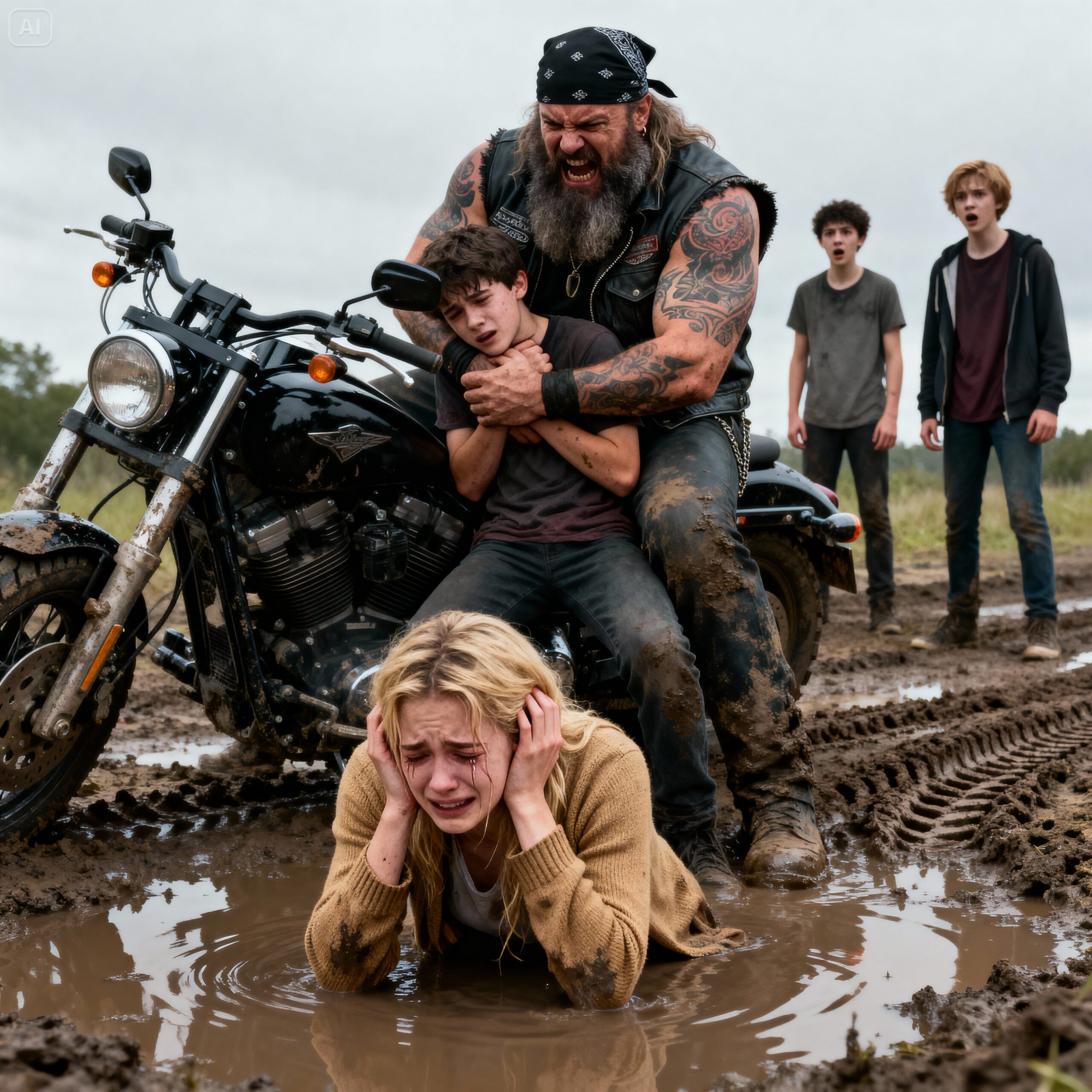 The Three Teenagers Thought It Was Funny to Mock the Blind Girl and Toss Her Cane Into the Mud While She Cried Helplessly in the Park, Not Knowing That a Towering, Scarred Biker Would Suddenly Appear on a Roaring Harley, Take Control, Punish Them, and Then Reveal a Shocking Secret About Her Survival That Left Everyone Frozen and Questioning Everything They Thought They Knew