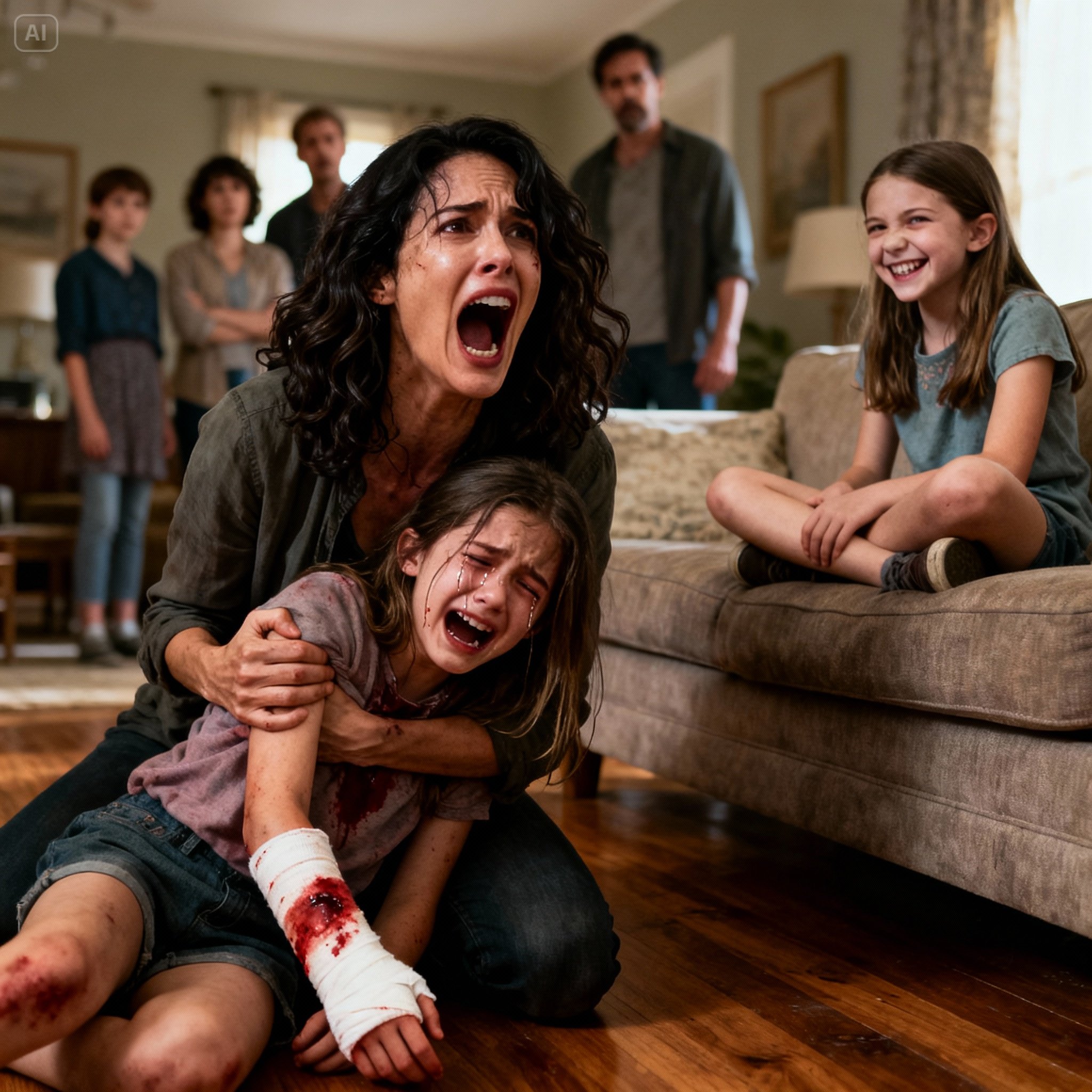 AT A FAMILY GATHERING, I SAW MY FOUR-YEAR-OLD DAUGHTER CURLED IN A CORNER, SOBBING, WITH HER HAND BENT AT AN UNNATURAL ANGLE. MY SISTER MOCKED HER AND SAID: “SHE’S JUST EXAGGERATING.” WHEN I RUSHED TOWARD HER, THEY PUSHED ME ASIDE AND ORDERED ME TO “CALM DOWN.” I TOOK MY DAUGHTER IN MY ARMS AND LEFT. AT THE HOSPITAL, THE DOCTOR WAS BLUNT: A FRACTURE. THE NEXT MORNING, MY MOTHER KNOCKED ON MY DOOR, BEGGING ME TO THINK ABOUT MY SISTER’S FUTURE…