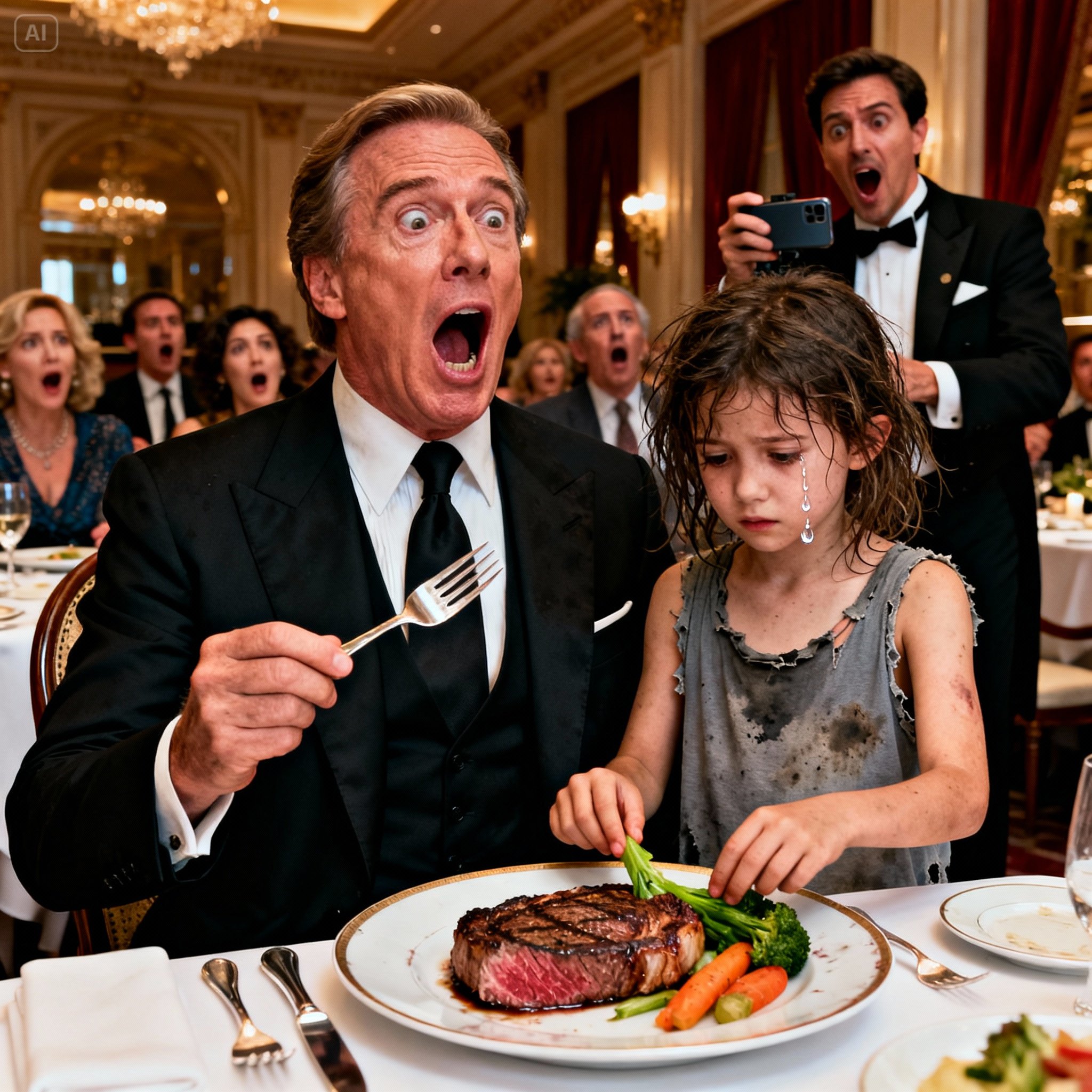 I was halfway through my ribeye steak when a small, trembling voice sounded beside me.