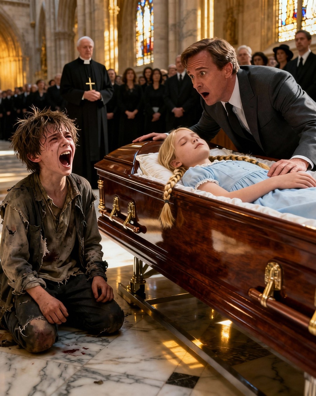 “Stop! Don’t bury her. Your daughter is alive!” A homeless boy rushed toward the casket and revealed a horrific truth that left the billionaire speechless.