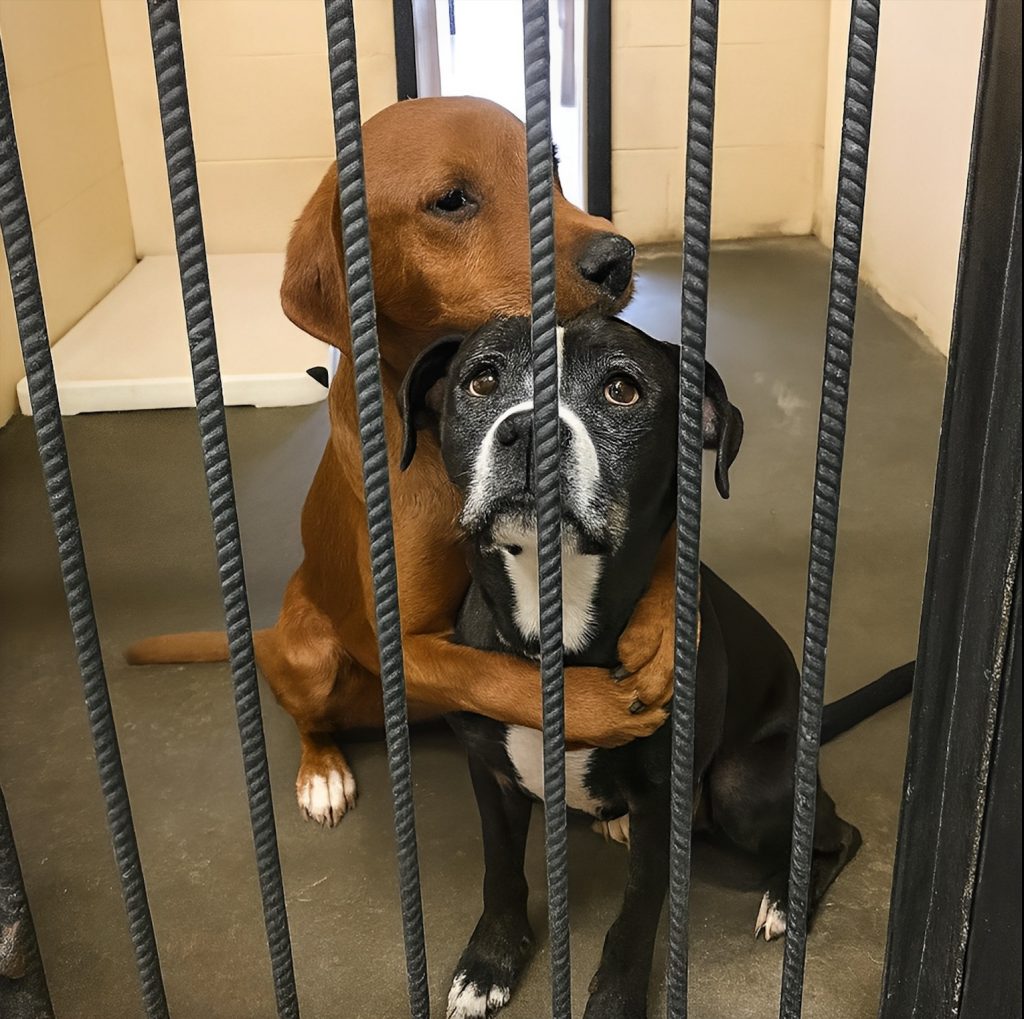 Upon hearing they were going to be euthanized, two dogs hugged each other and looked proudly at the camera, hoping for the best…