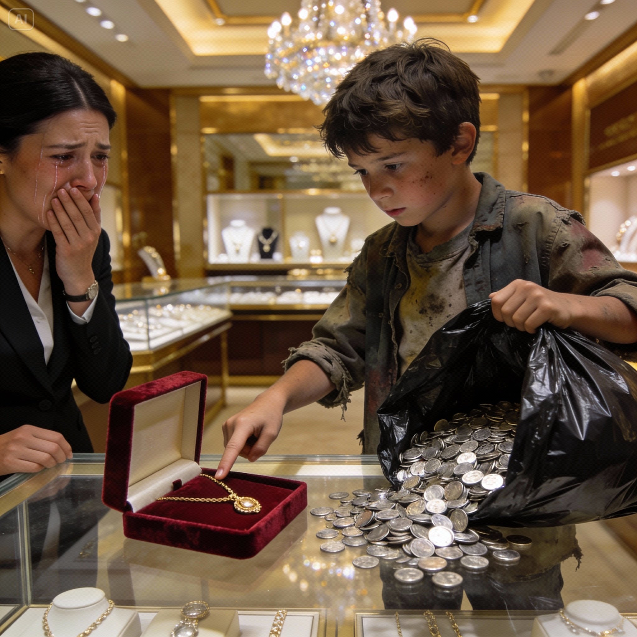 A ragged boy silently entered the luxury jewelry store and poured thousands of cold coins onto the gleaming glass. The security guard was about to throw him out, thinking the poverty covering his body was a stain in front of the wealthy clients. But in that instant, the manager stopped… because the words the boy had just spoken left the entire room in silence.