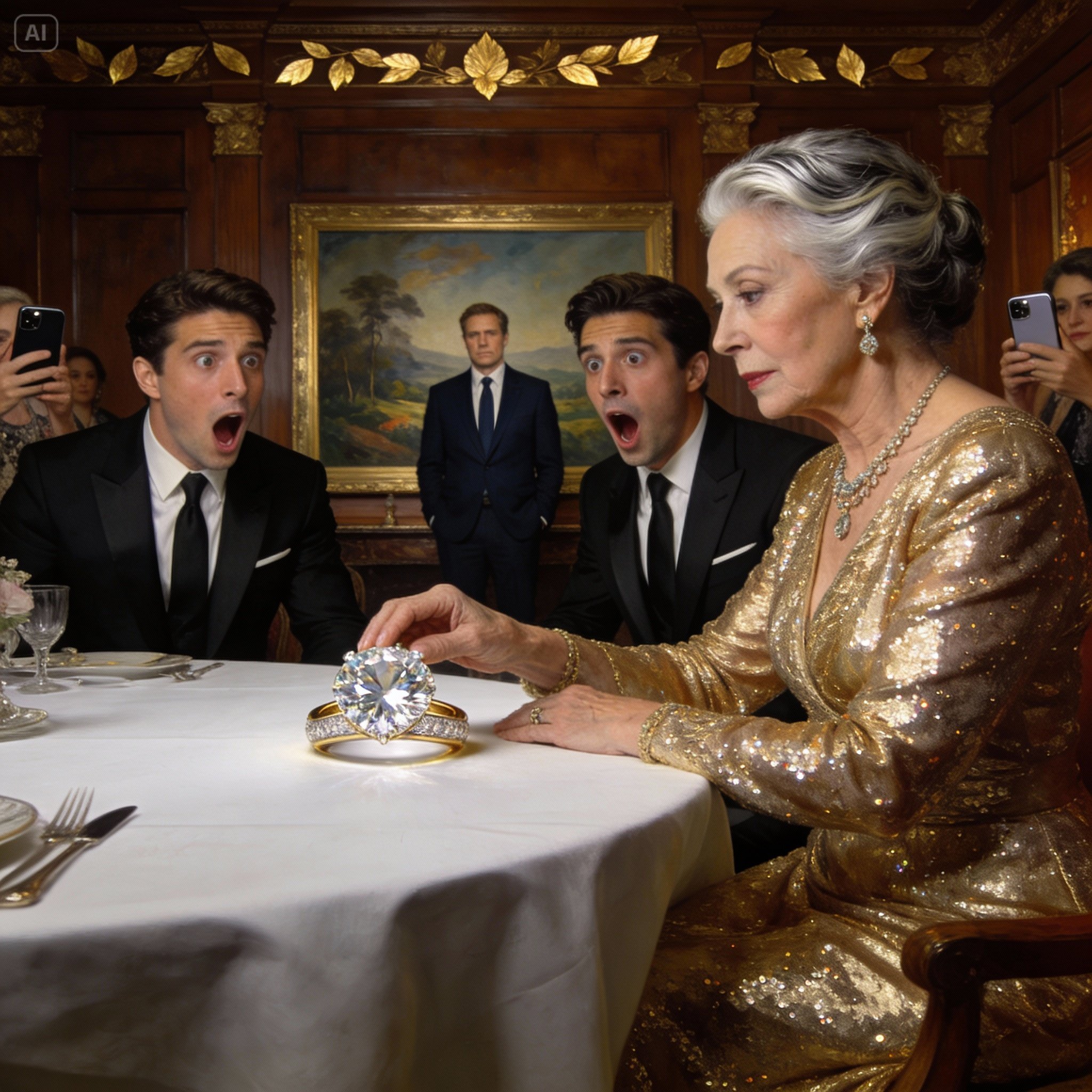 At our golden wedding anniversary dinner, my husband suddenly announced that he wanted a divorce, and our two children applauded as if it were a performance. I didn’t even flinch. I took off my wedding ring, placed it on the table with a soft click, and said clearly: “Clap louder, boys. Your biological father is sitting at the next table.” The laughter died instantly. Forks froze in mid-air. Faces turned. Silence took over the room so quickly it felt unreal. Then, from the other side of the restaurant, a man pushed his chair back and slowly stood up.