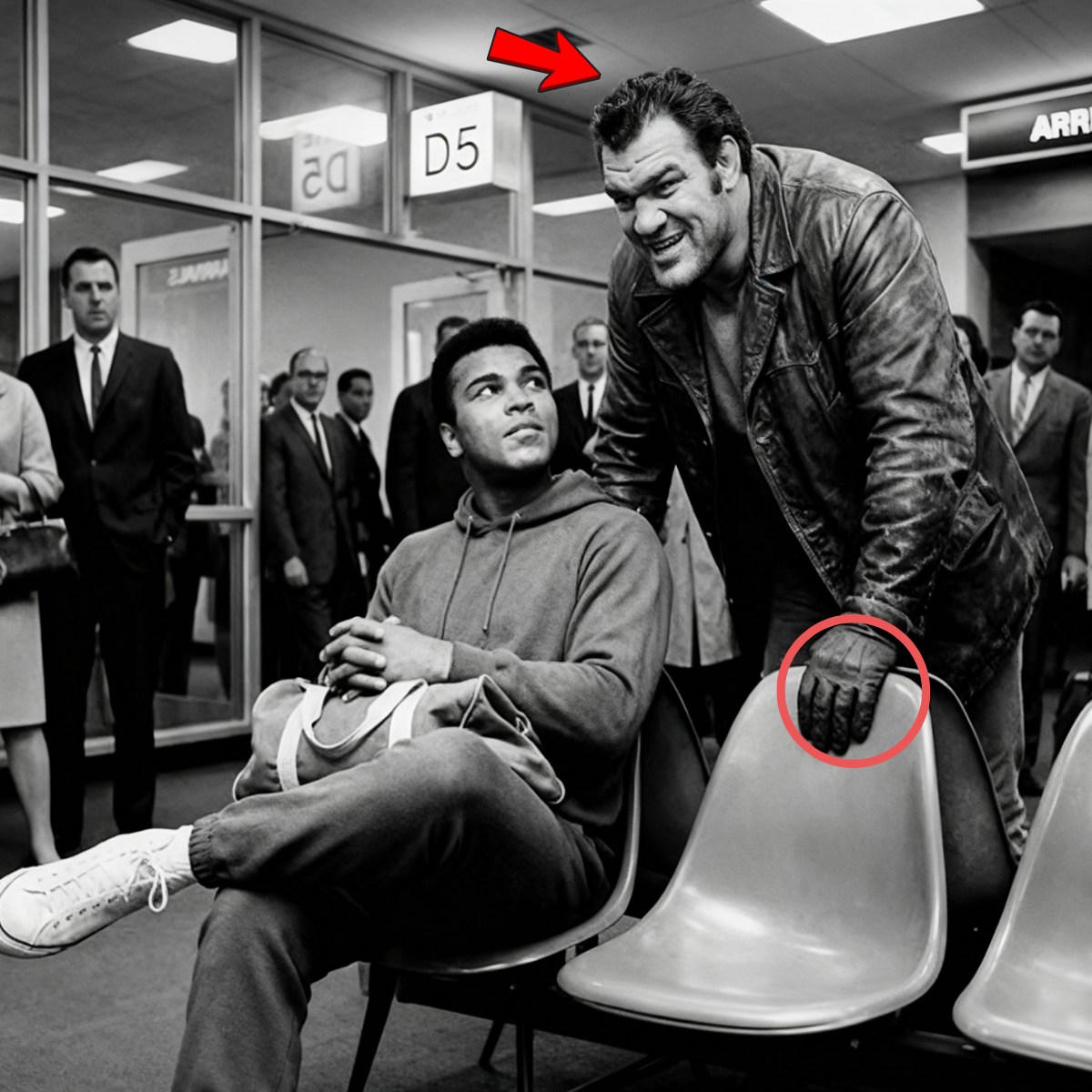 “The massive wrestler looked down at the man in the simple gray tracksuit, sitting quietly in the airport waiting area, and laughed with contempt.