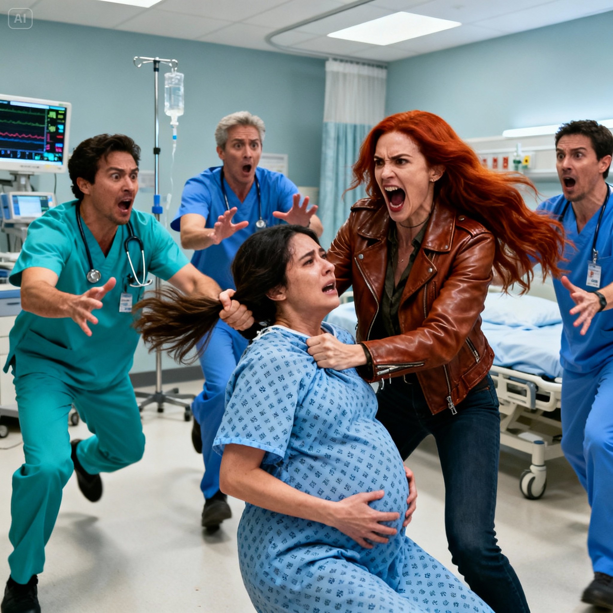 I was lying in the hospital bed, one hand on my pregnant belly, when she stormed in and hissed, “You think carrying his child makes you untouchable?” Before I could scream, she grabbed my hair and shoved me down. Nurses rushed in—but then my father stepped through the door and said calmly, “Get your hands off my daughter.” The room went silent. She had no idea who she’d just attacked.