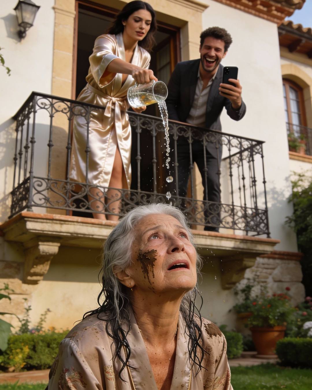 The dirty, freezing water hit my face, mixing with my dried tears and the dirt on my cheeks. But what hurt the most wasn’t the cold, nor the impact. It was the sound. The laughter. That cruel, mocking laughter coming from the balcony. It wasn’t a stranger. It was my own son, recording my humiliation with his phone to “entertain” his friends on social media.