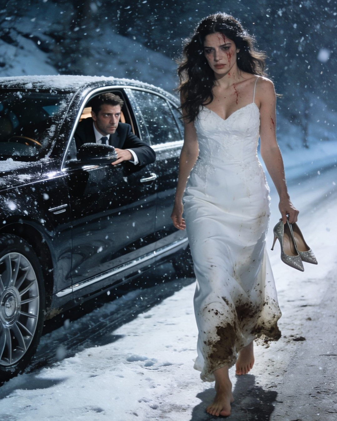 I saw her walking barefoot in the snow, wearing a soaked party dress and with a hollow look in her eyes. I rolled down the window and shouted that I wanted to help her. She stopped, hesitated… and looked behind her as if something were chasing her. In that instant, I understood she wasn’t fleeing the cold, but a night that had gone horribly wrong. When she got into the car, she didn’t thank me. She said a sentence that made me grip the steering wheel in terror.