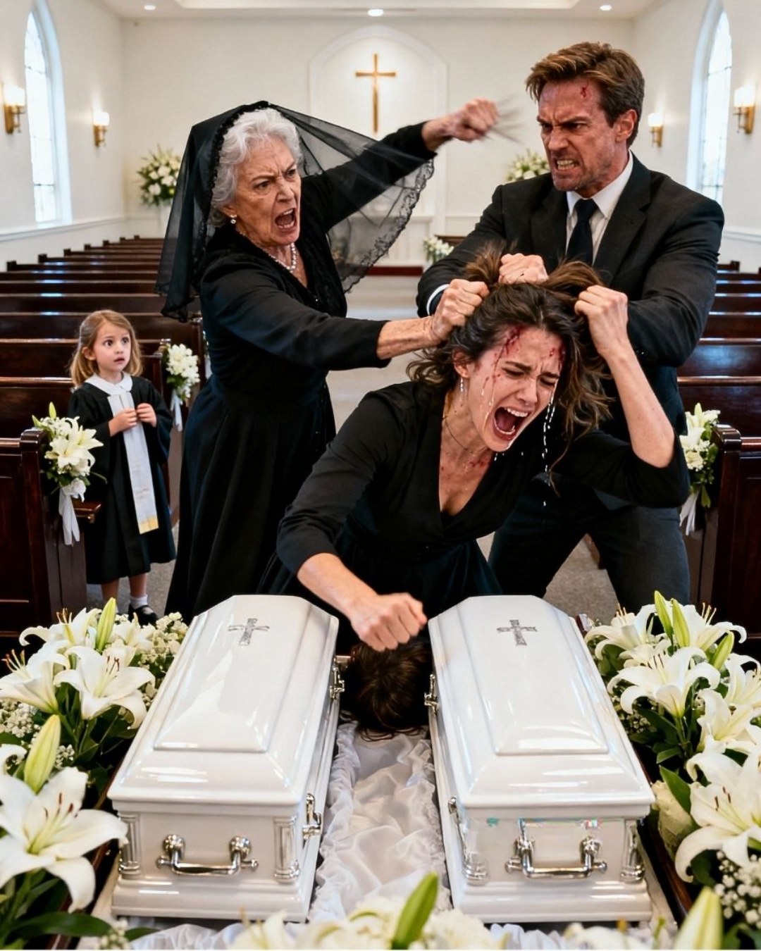 At the funeral of my twin babies, after they died in their sleep, my mother-in-law said: “God took them because He knew what kind of mother they had!” I lost control and began to cry while screaming: “Can you at least be quiet on this day?” My mother-in-law came over to slap me, grabbed my head, and slammed it against my baby’s casket, saying: “Shut up if you don’t want to end up in there.” But then my daughter screamed…