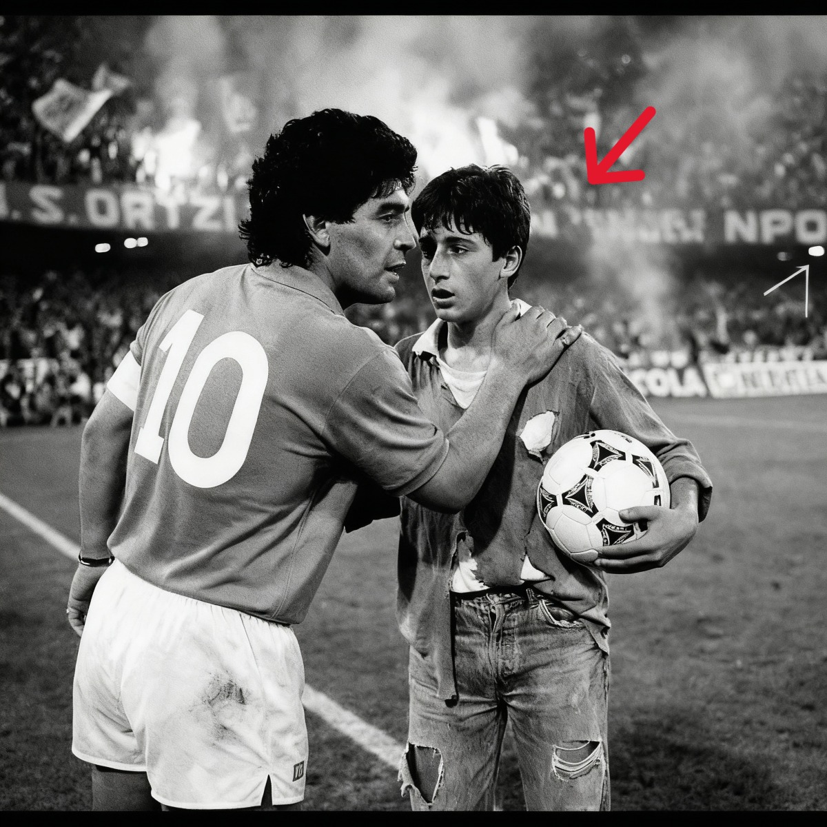 Naples, 1987. San Paolo Stadium, 70,000 people. 73rd minute, Napoli leads 2-0. An Atalanta defender clears the ball long. It flies toward the sideline—fast, hard. A boy runs for it: 12 years old, thin, wearing torn sneakers. He grabs the ball. He turns around and freezes.