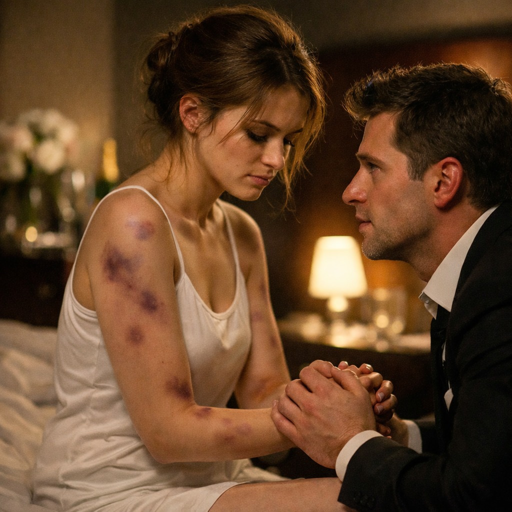 On our wedding night, she pulled away and whispered: “Please… don’t touch me.” My heart shattered, until I saw the bruises beginning to appear on her skin, dark and painful. “Who did this to you?” I asked, my voice breaking. She trembled before responding: “My stepfather.” Rage flooded me as I carefully took her hands. “You are safe now. I swear… I will protect you.” But the truth she had yet to tell me was about to change everything.