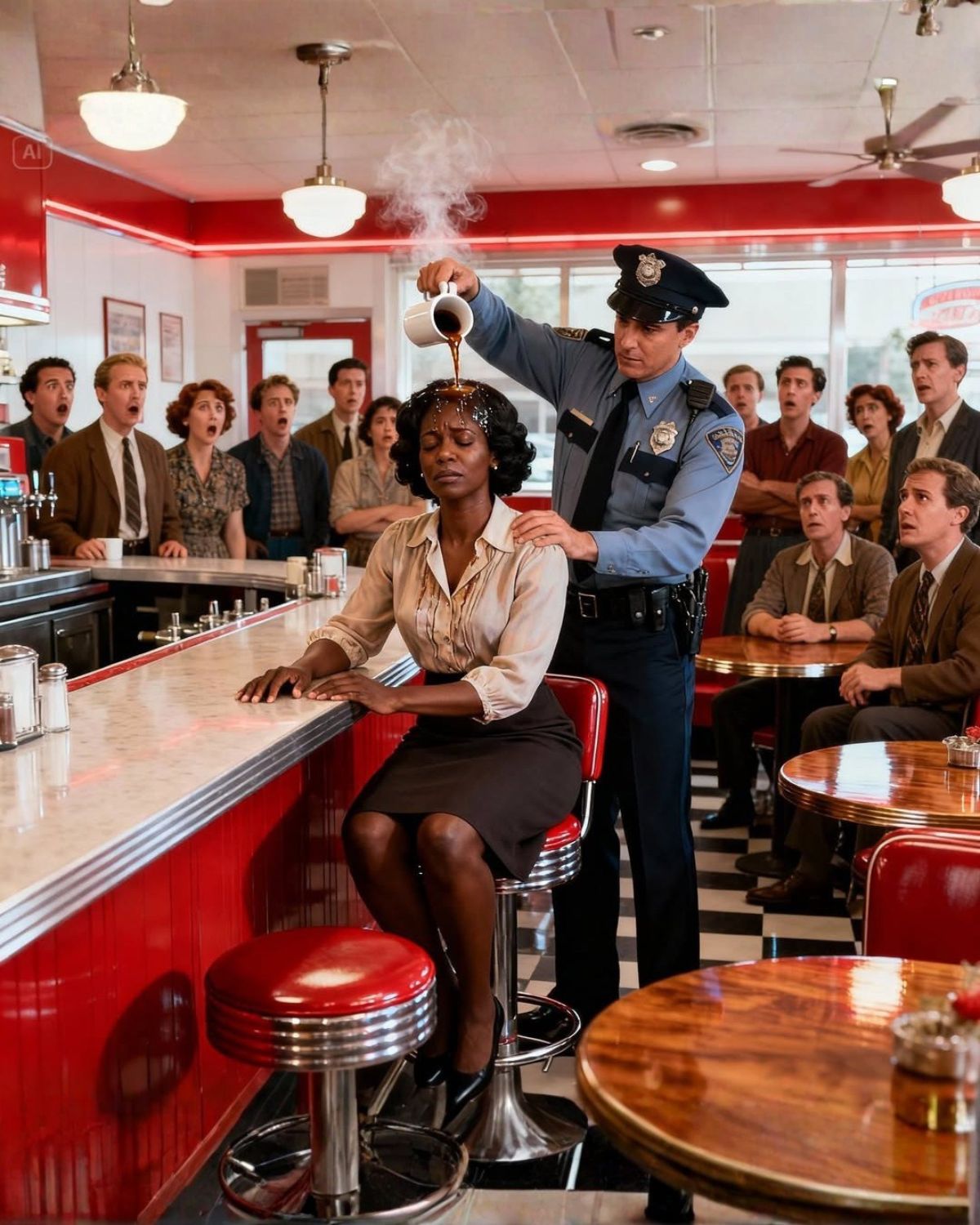 A racist cop spills coffee on a quiet, middle-aged black woman… only to end up on his knees when he discovers who she is…