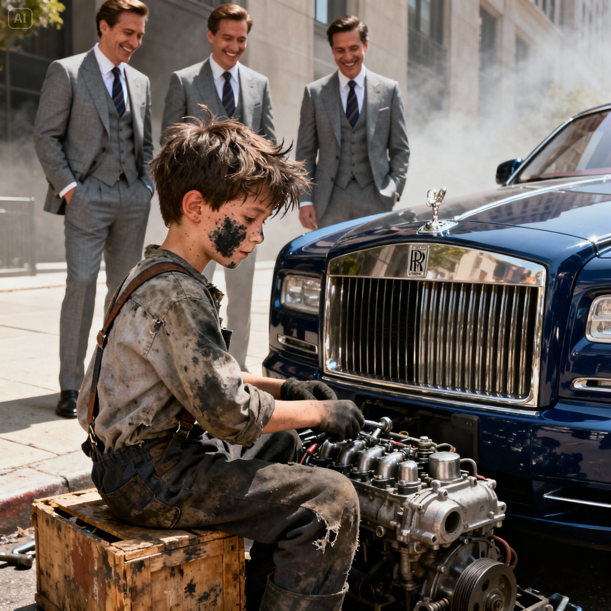 “I CAN FIX THIS,” THE CHUBBY, DIRTY KID WHISPERED, STARING AT THE LUXURY CAR. THE MILLIONAIRE LAUGHED—UNTIL SECONDS LATER, THE STREET WENT DEAD SILENT.