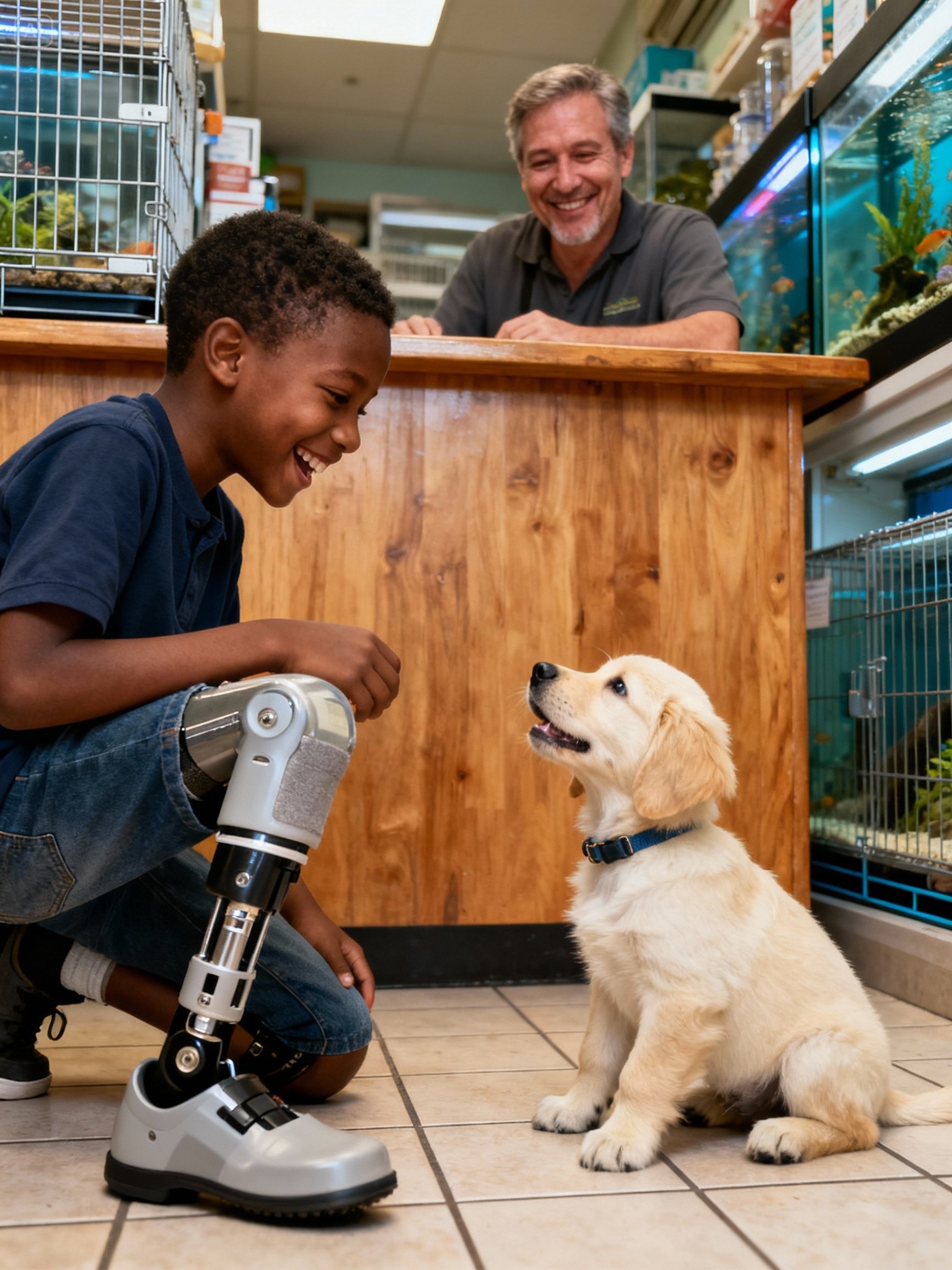 A boy walks into a pet store and asks the price of the puppies for sale.