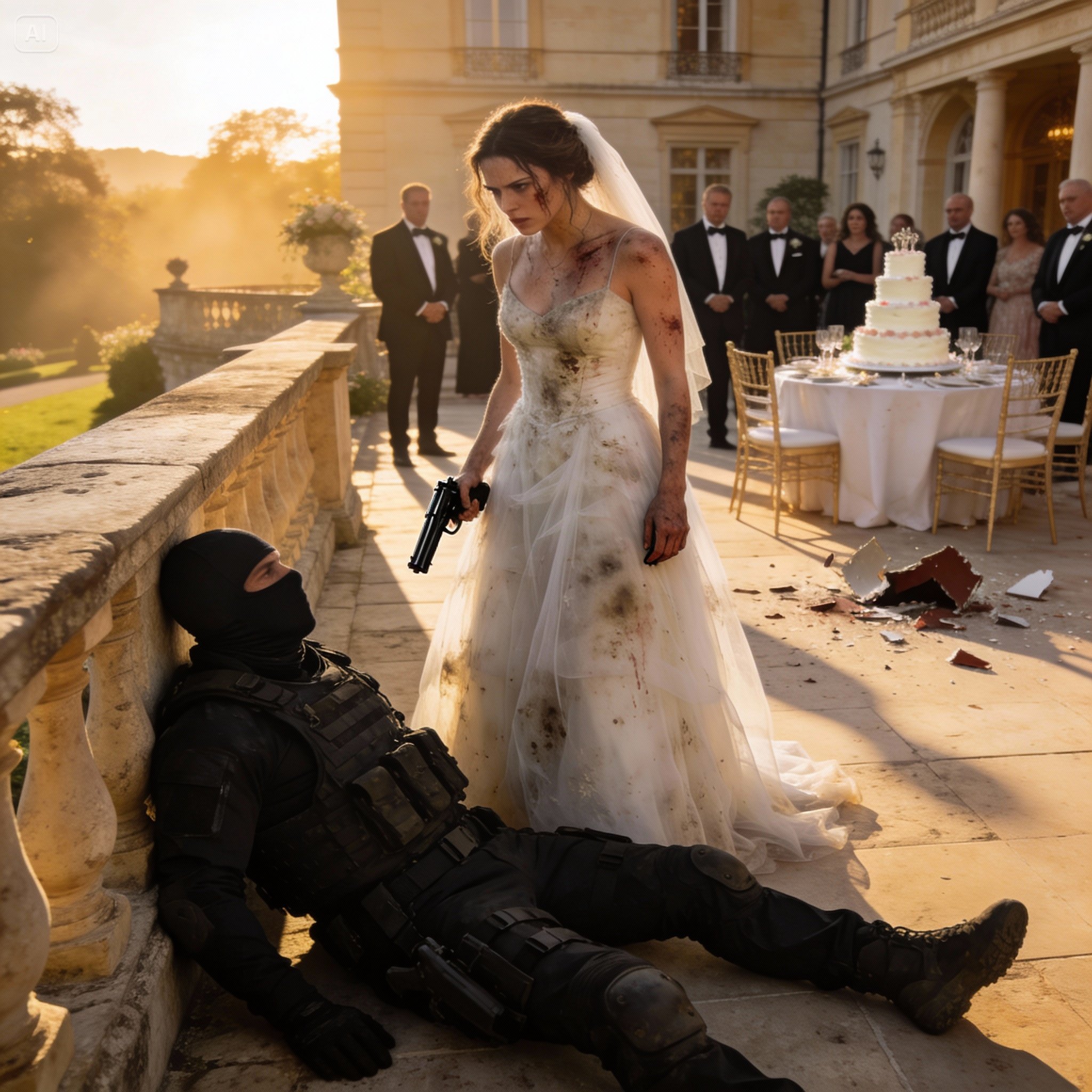 Everyone at the Harrison estate looked at me like I was a mistake in a white dress—until the lights died and a masked man screamed, “On the ground! NOW!” Daniel grabbed my hand. “Sarah, don’t do anything—please.” Then a gunman yanked my arm, ripping my sleeve, and something inside me clicked. I whispered, “You just made the worst decision of your life.” Three seconds later, he was down… and every eye turned to me.