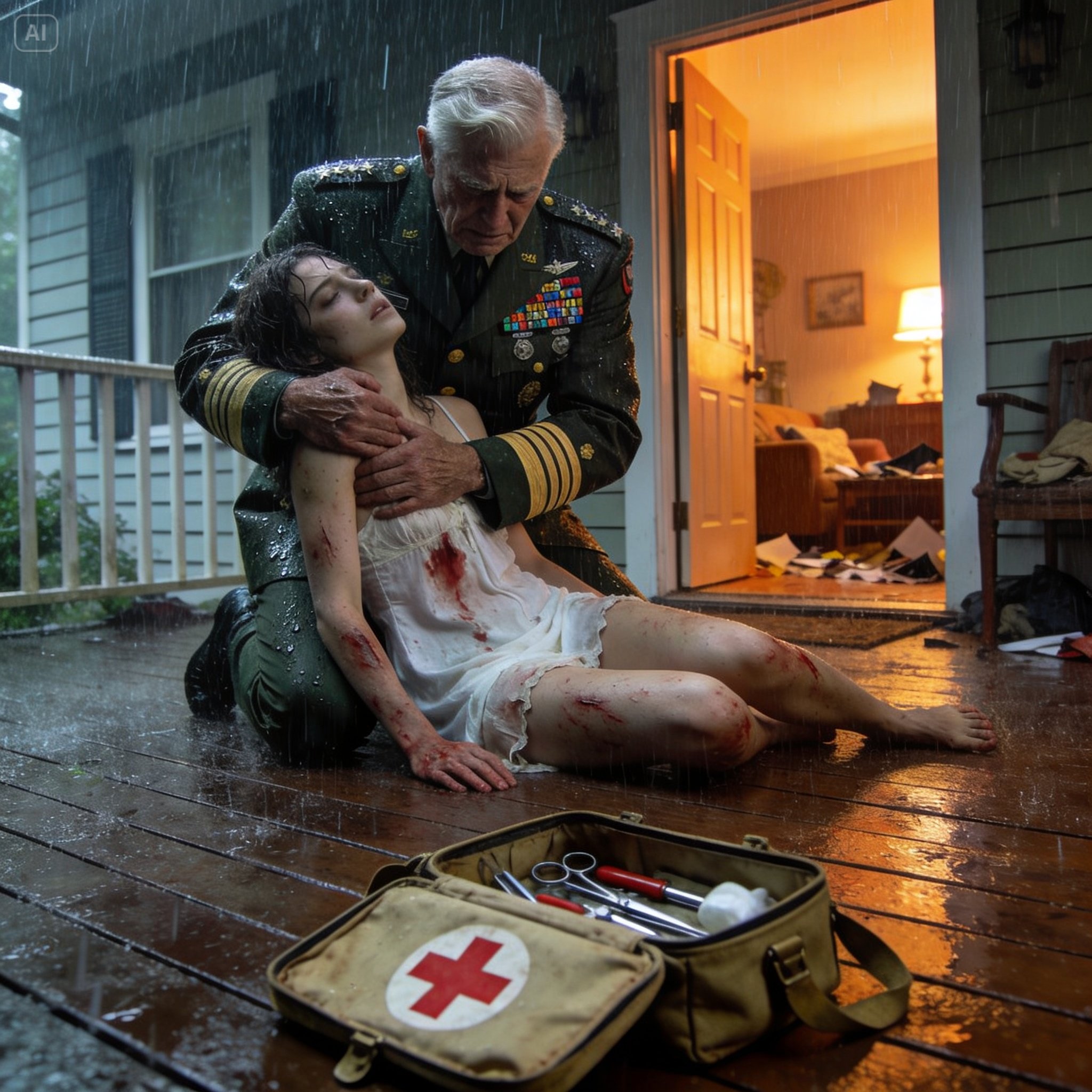 For two decades, I was the neighbor no one noticed—the quiet man who trimmed his hedges, fixed bikes, and never argued. But the night I found my daughter collapsed on my porch at midnight, shaking and bleeding after her husband threw her out, something in me cracked beyond repair. I tucked her into bed, reached for an old baseball bat, and drove straight to his house. He opened the door expecting my daughter on her knees, begging. Instead, he came face to face with a father who had nothing left to fear.