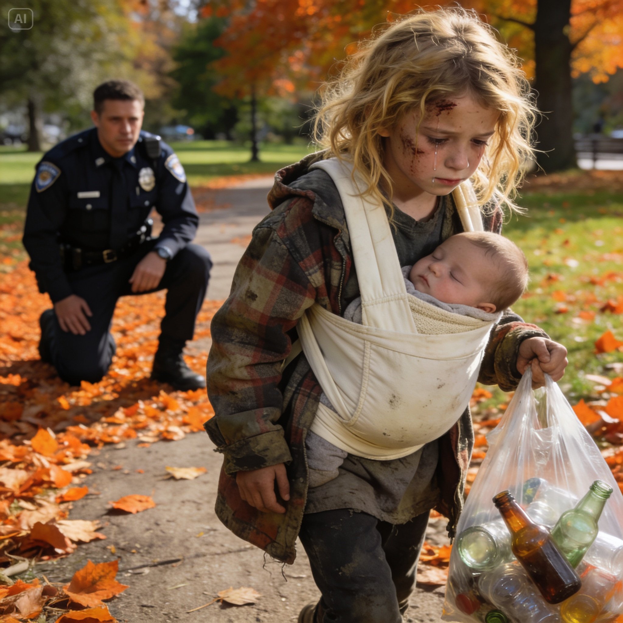 A Police Officer Thought He Was Responding to a Routine Call—Until He Found a Homeless Little Girl Collecting Trash While Carrying a Baby… What She Whispered Broke Him