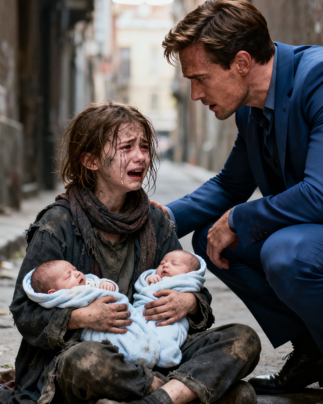 The girl whispers through her tears. A billionaire freezes at the sight of a street child taking care of two babies.