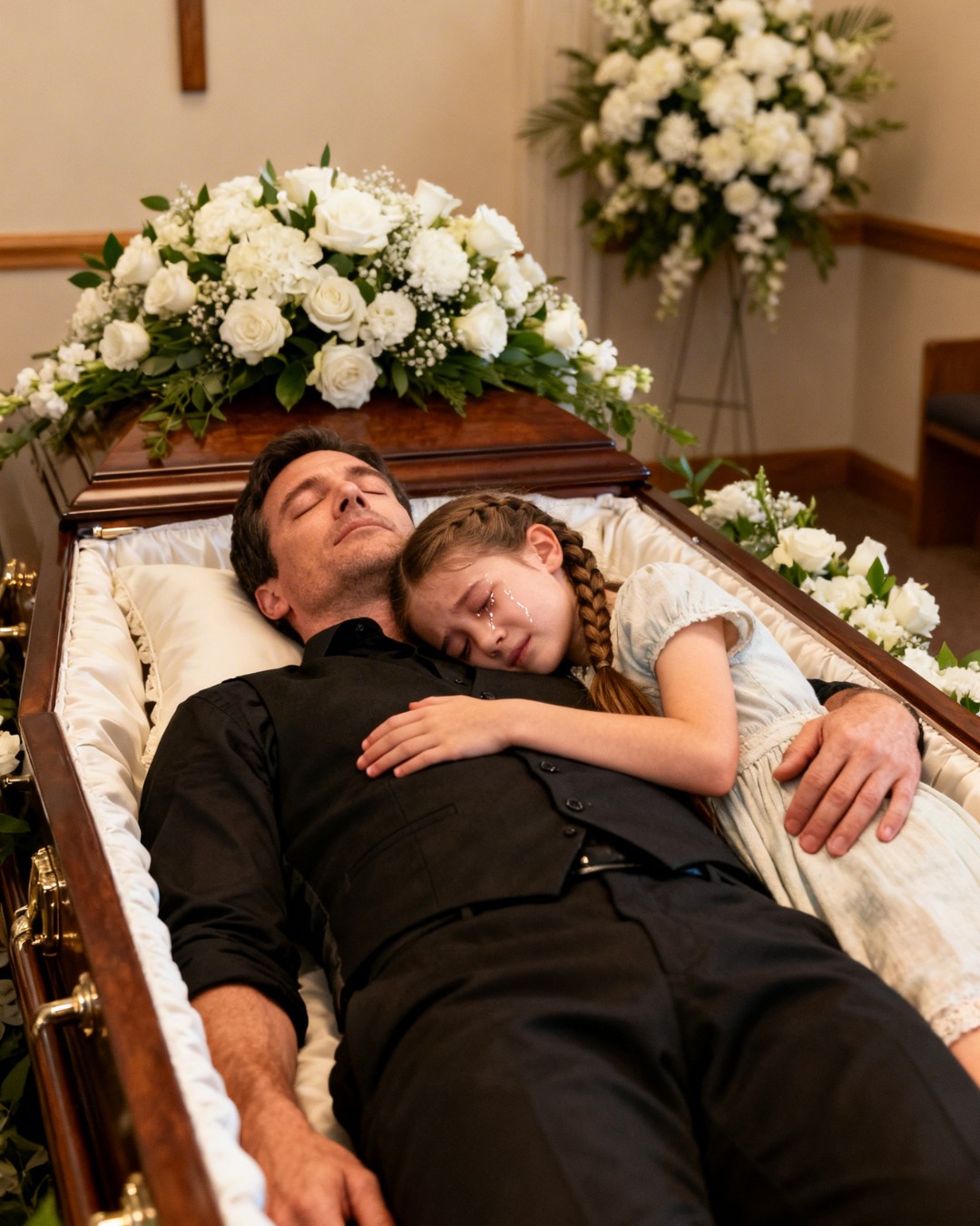 A girl hugged her father in his casket, and what happened next was spine-chilling.