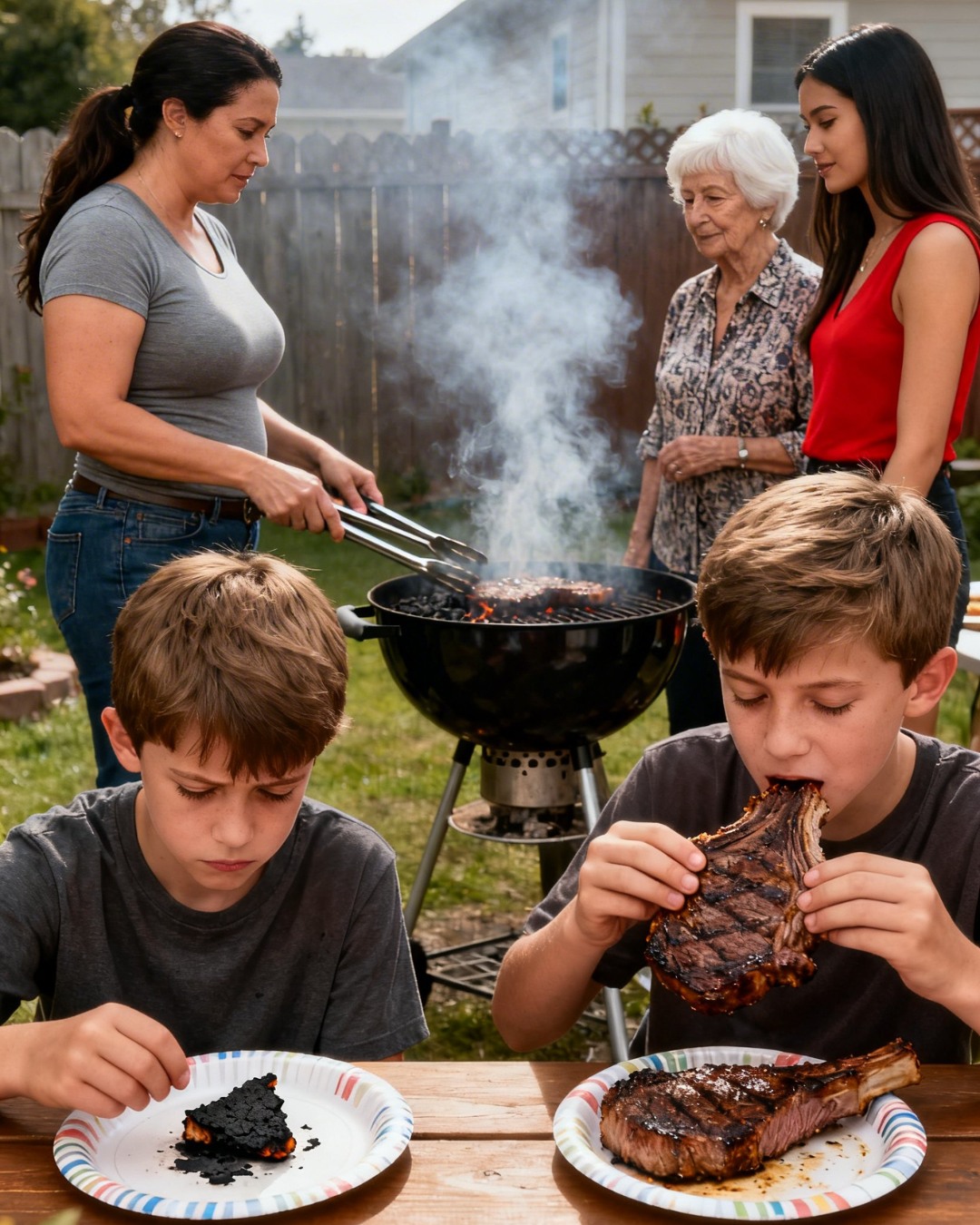 During a family barbecue, my sister’s son was served a thick T-bone steak, while mine got a tough, burnt strip of fat. My mother laughed and said: