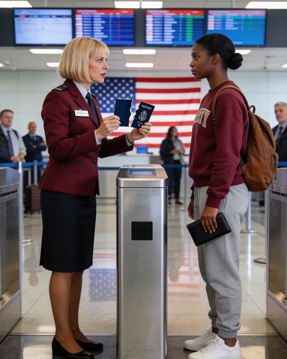A gate agent damages a young woman’s passport, unaware that she is an undercover aviation security auditor.