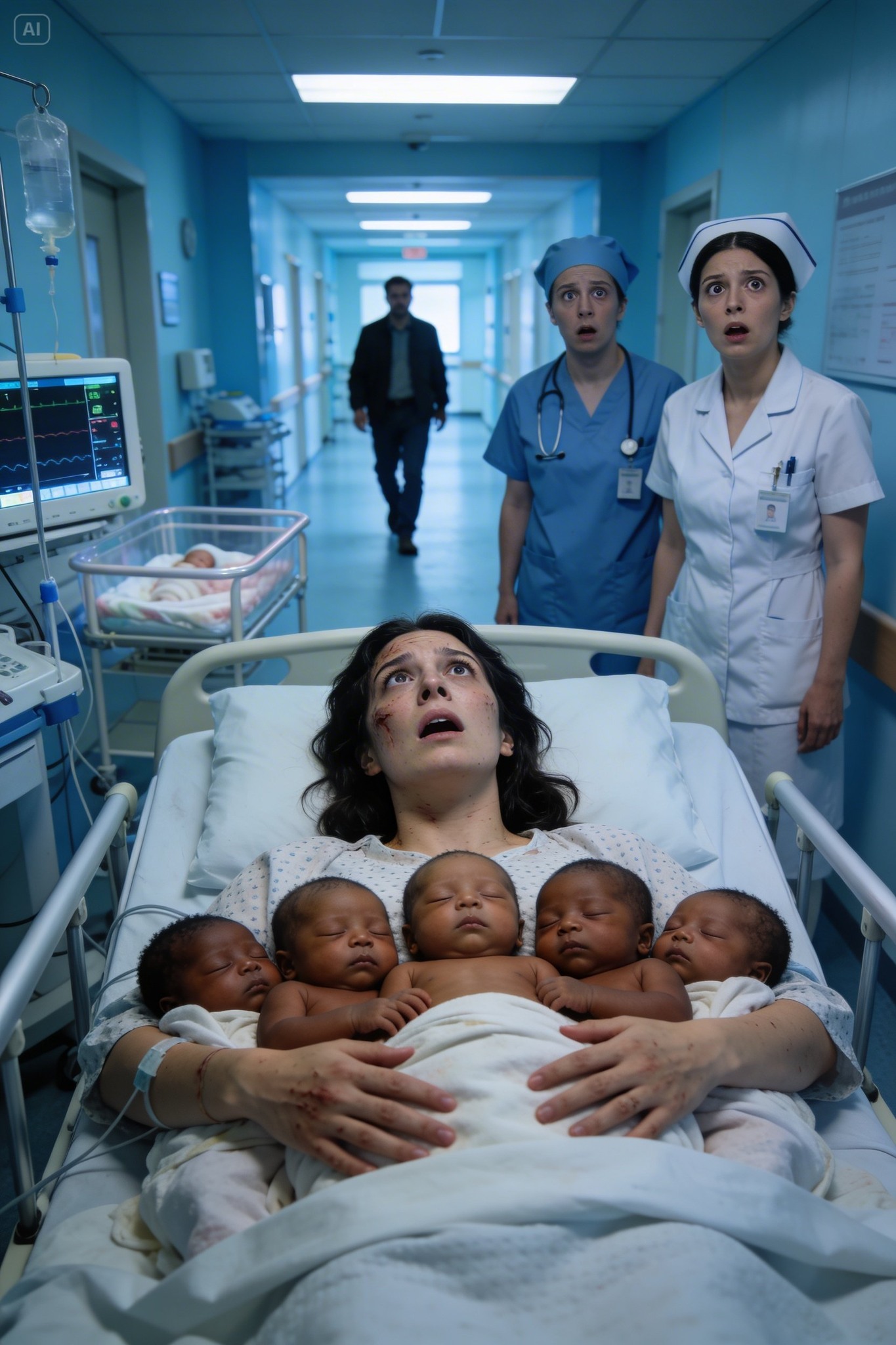I was left alone, holding five newborns, while the nurses whispered and the doors closed behind him