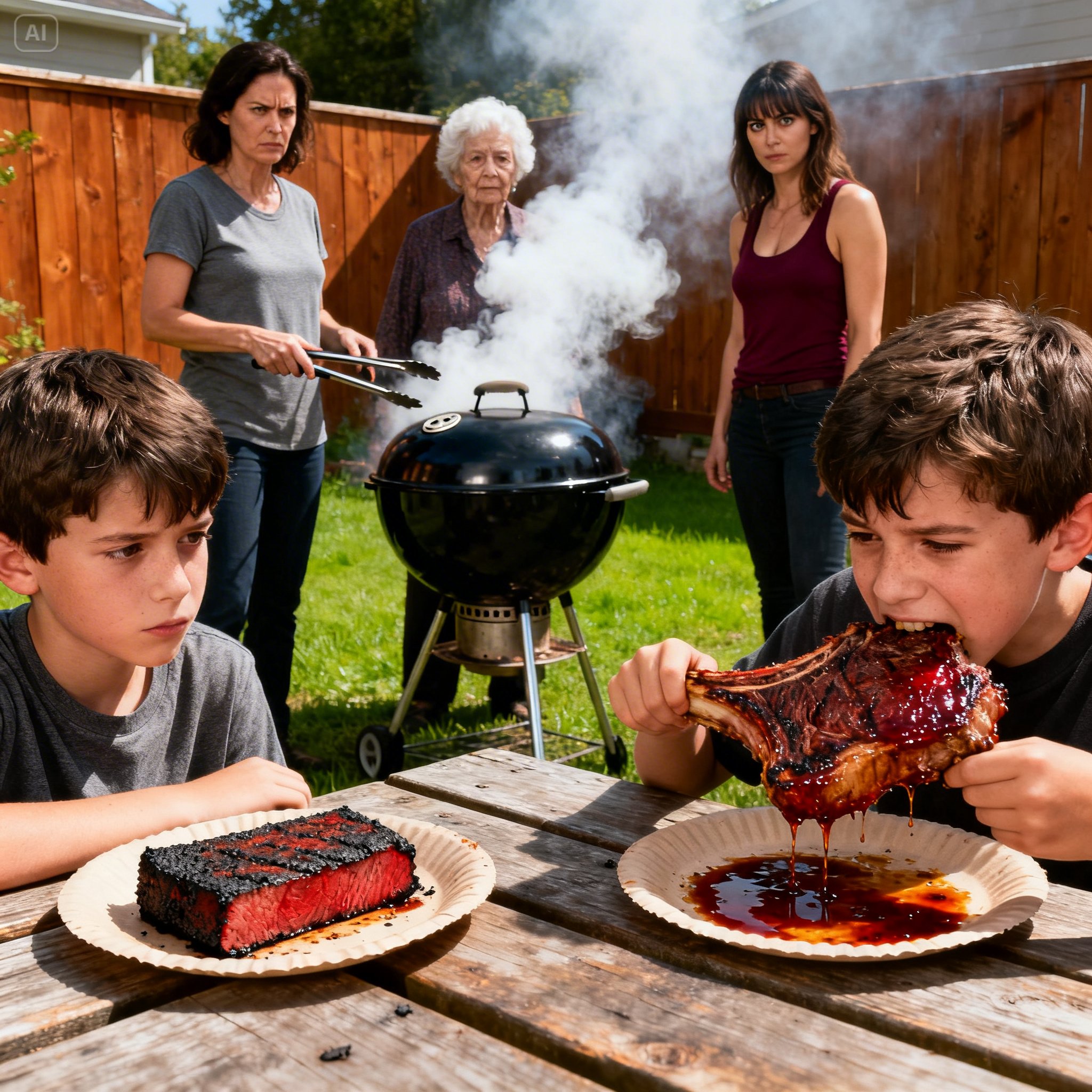 During a family barbecue, my sister’s son was served a thick T-bone steak…