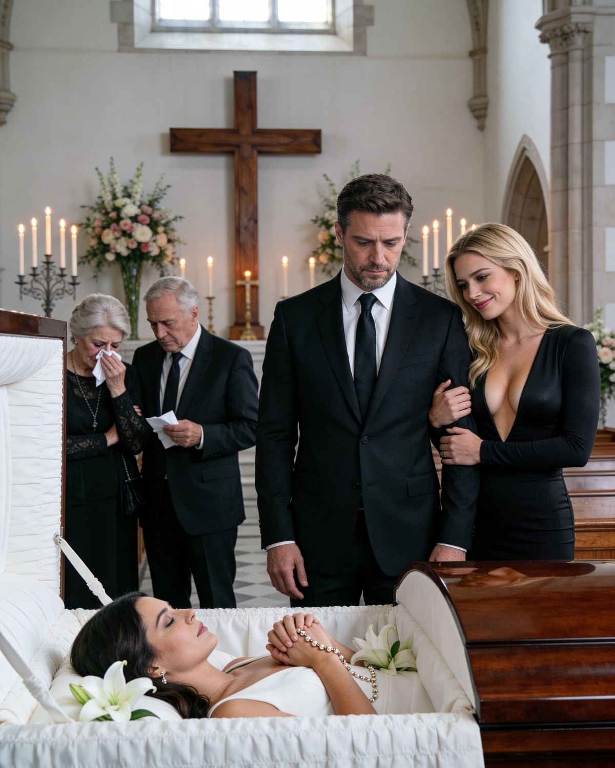 He entered his wife’s funeral with his mistress clutching his arm.